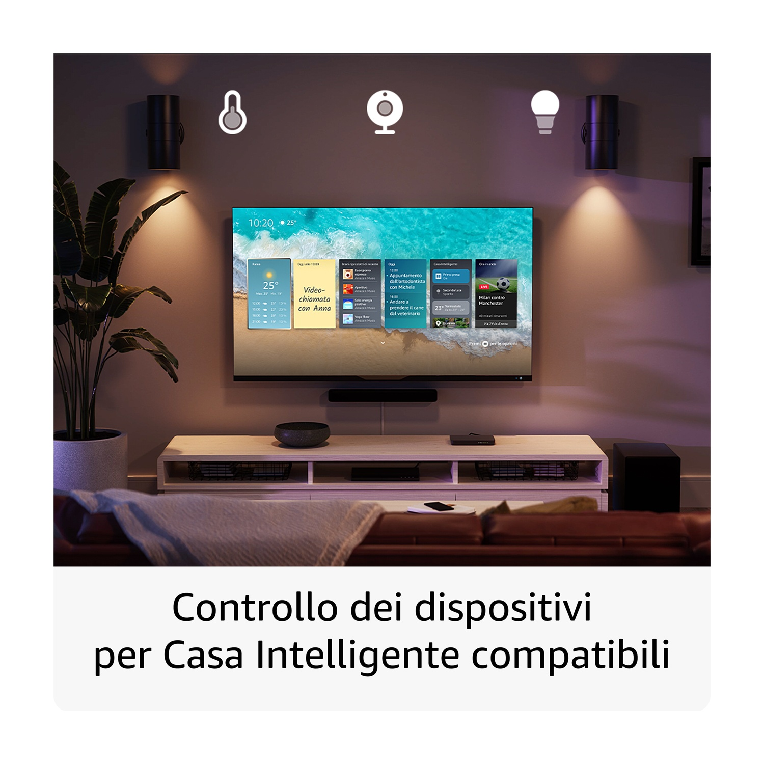 TV con app smart home e icone sul muro. Testo: Controllo dispositivi.