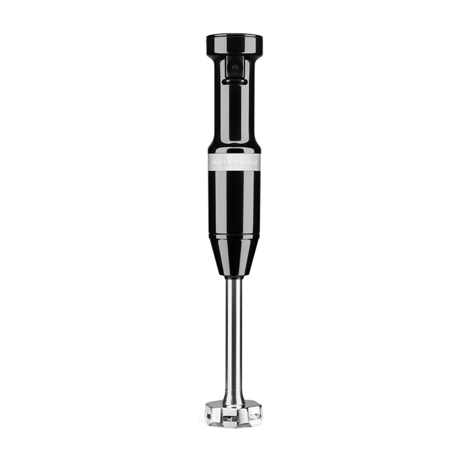 Frullatore a immersione KitchenAid nero. Il frullatore è su sfondo bianco.