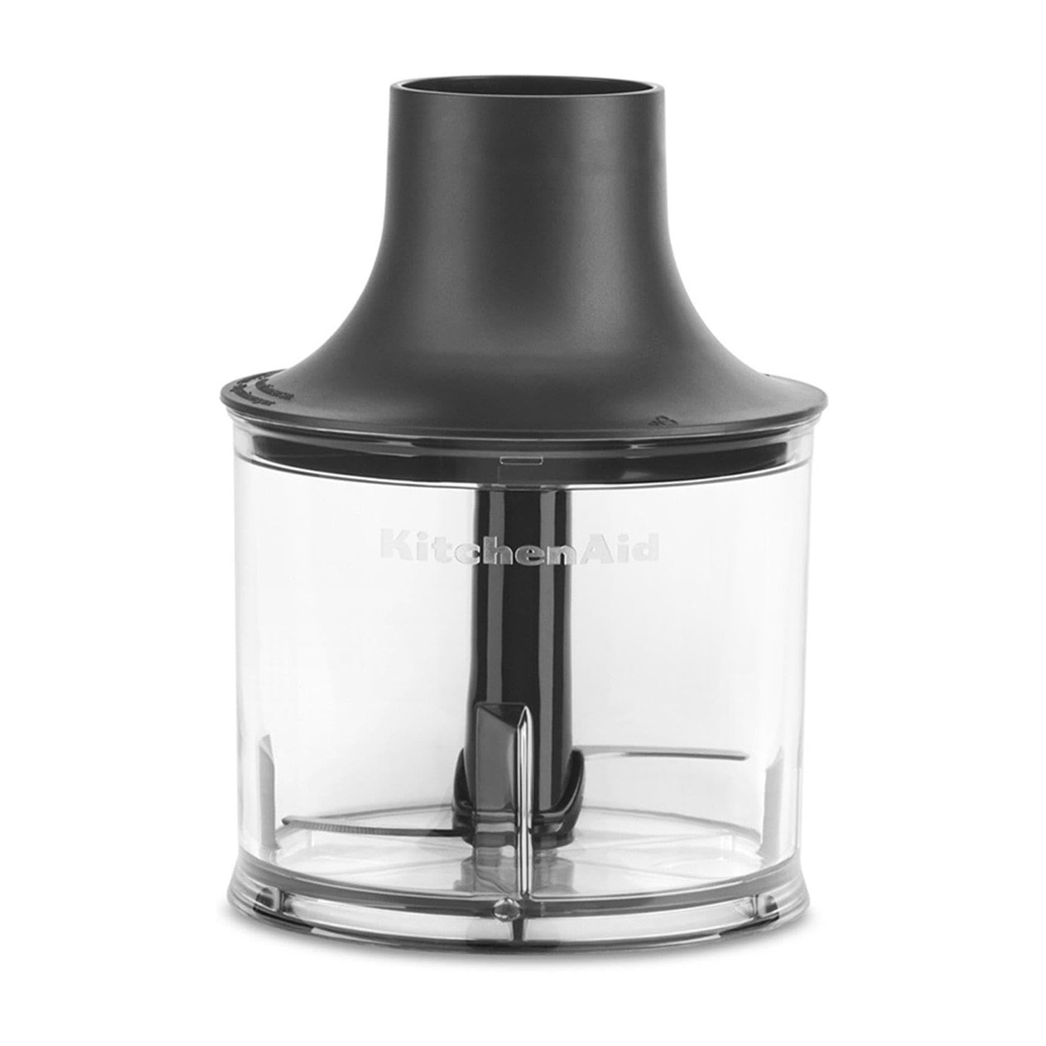 Accessorio frullatore a immersione KitchenAid, contenitore trasparente con frullatore nero.