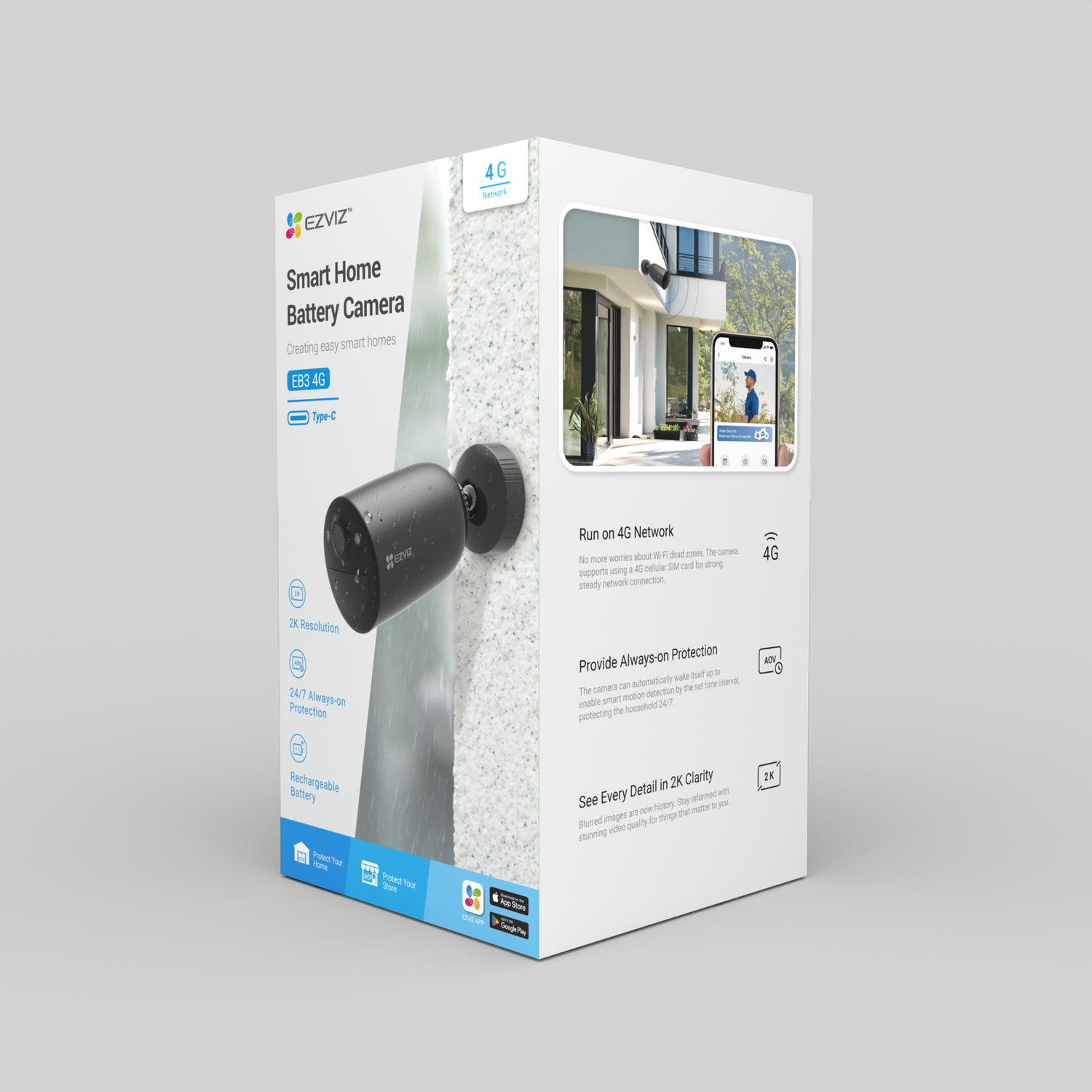A box featuring a black security camera, with a smartphone displaying a live view of a house.