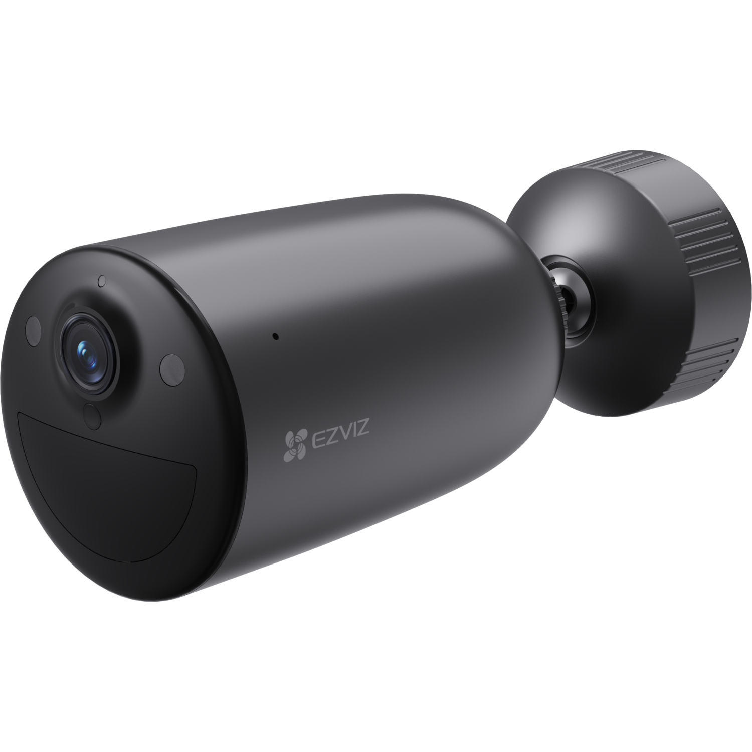 Black cylindrical security camera with a lens and a base, on a black background.