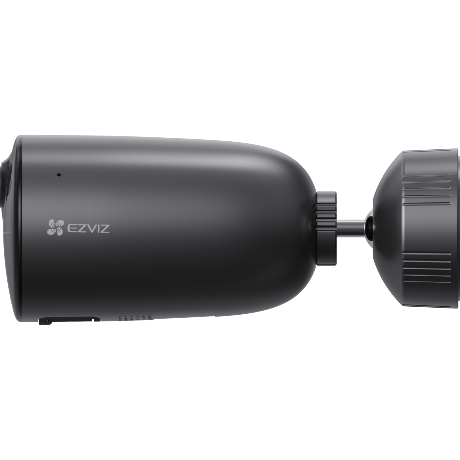 A black EZVIZ security camera. It has a lens and is mounted on a black bracket. Black background.