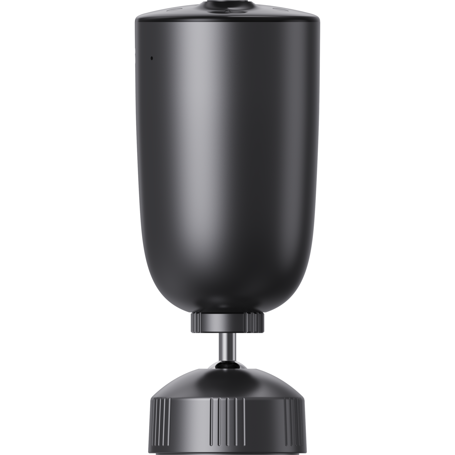 A black security camera on a stand. Cylindrical body with a rounded base. Black background.