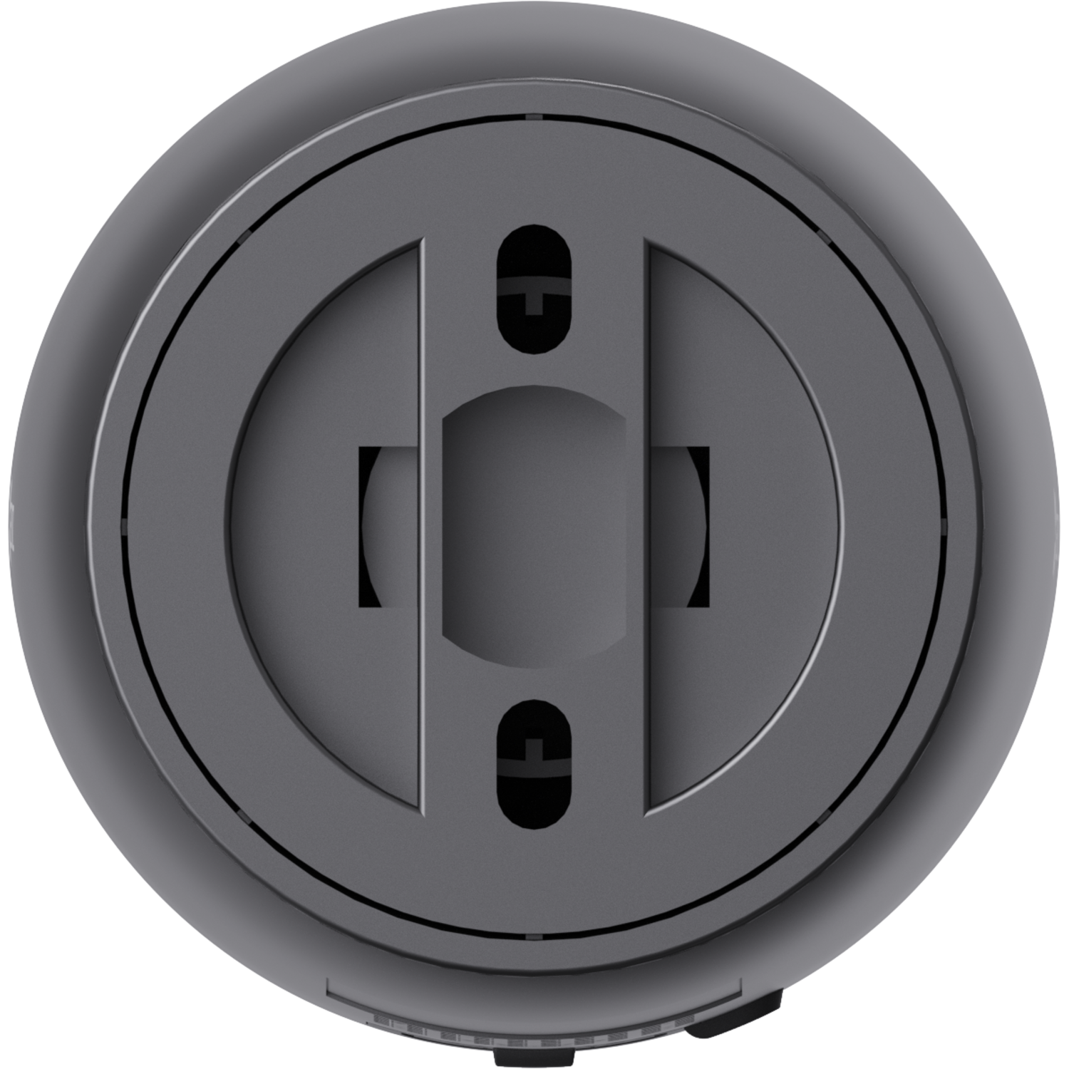 Close up of a device, likely a smart home device. The device is dark grey and has a circular design.