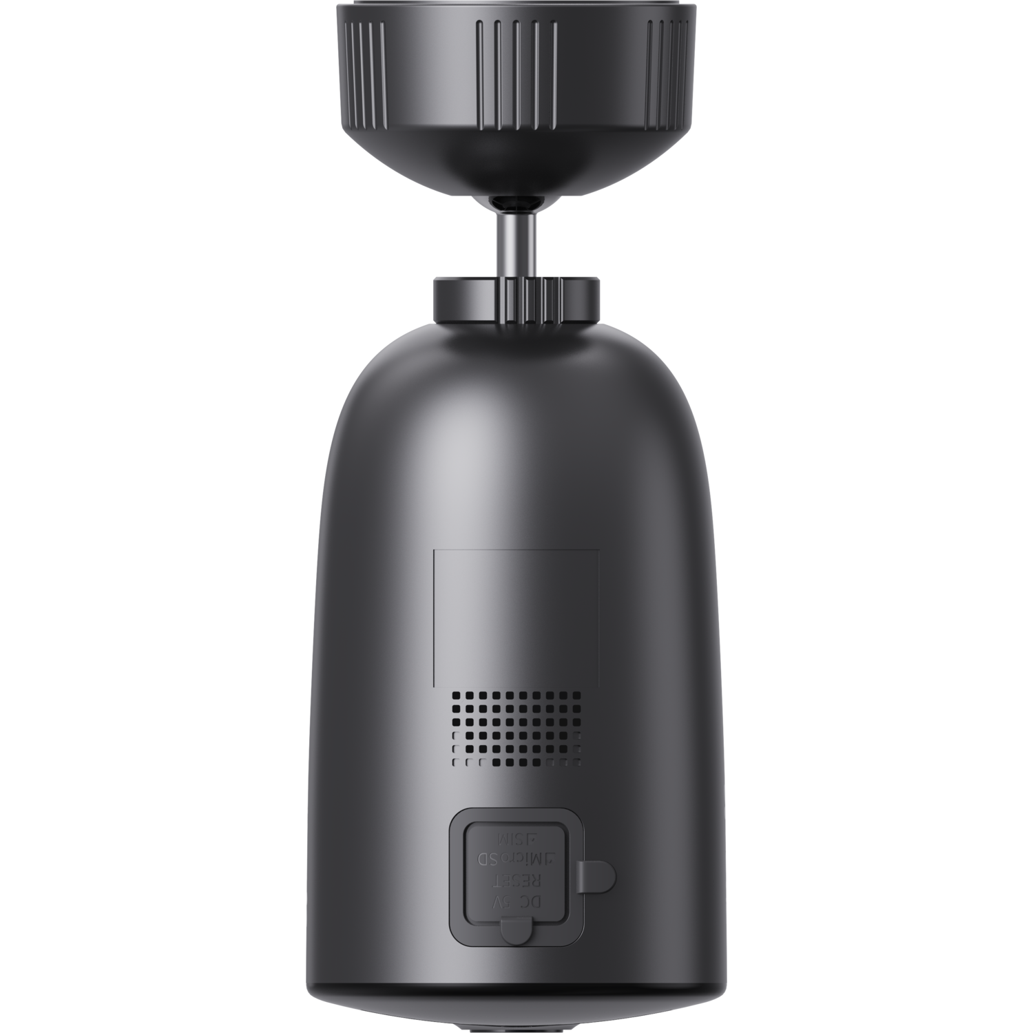 Black cylindrical device with a smaller top part, and a port on the bottom.