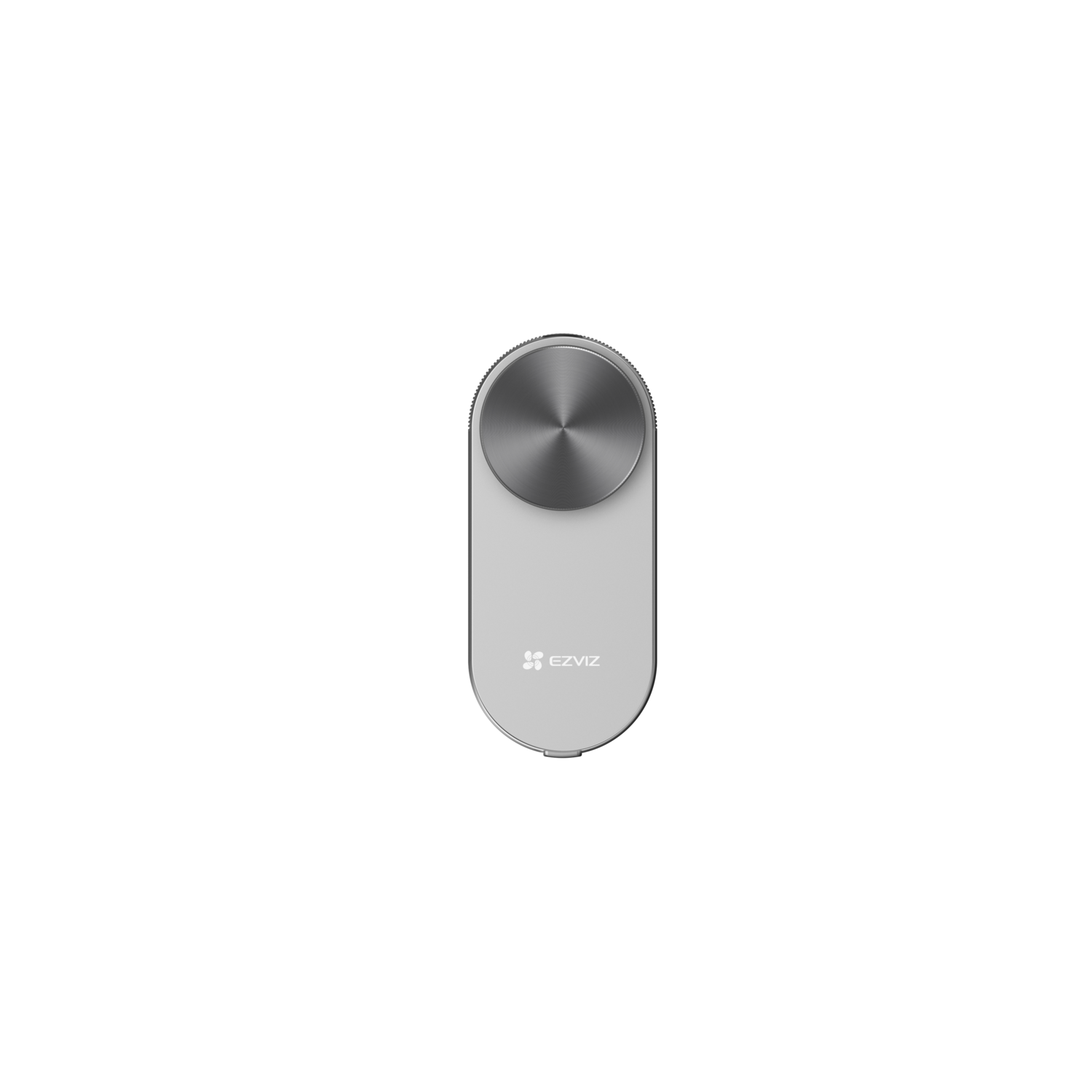 Witte en zilveren deurbel. Het heeft een ronde bovenkant, een zilveren knop en het EZVIZ-logo.