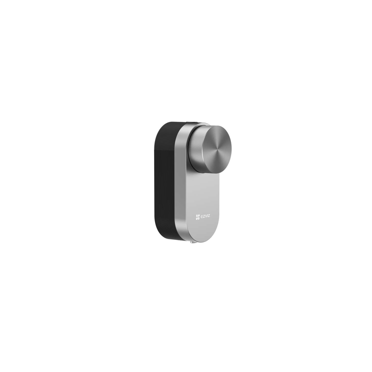 Een zwart en zilver EZVIZ smart home-apparaat. Het is een afgeronde rechthoek met een draaiknop bovenop.