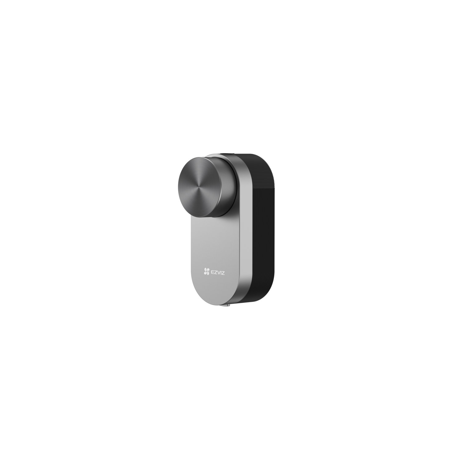 Zilver en zwart smart home-apparaat op een zwarte achtergrond. Ronde draaiknop zichtbaar.
