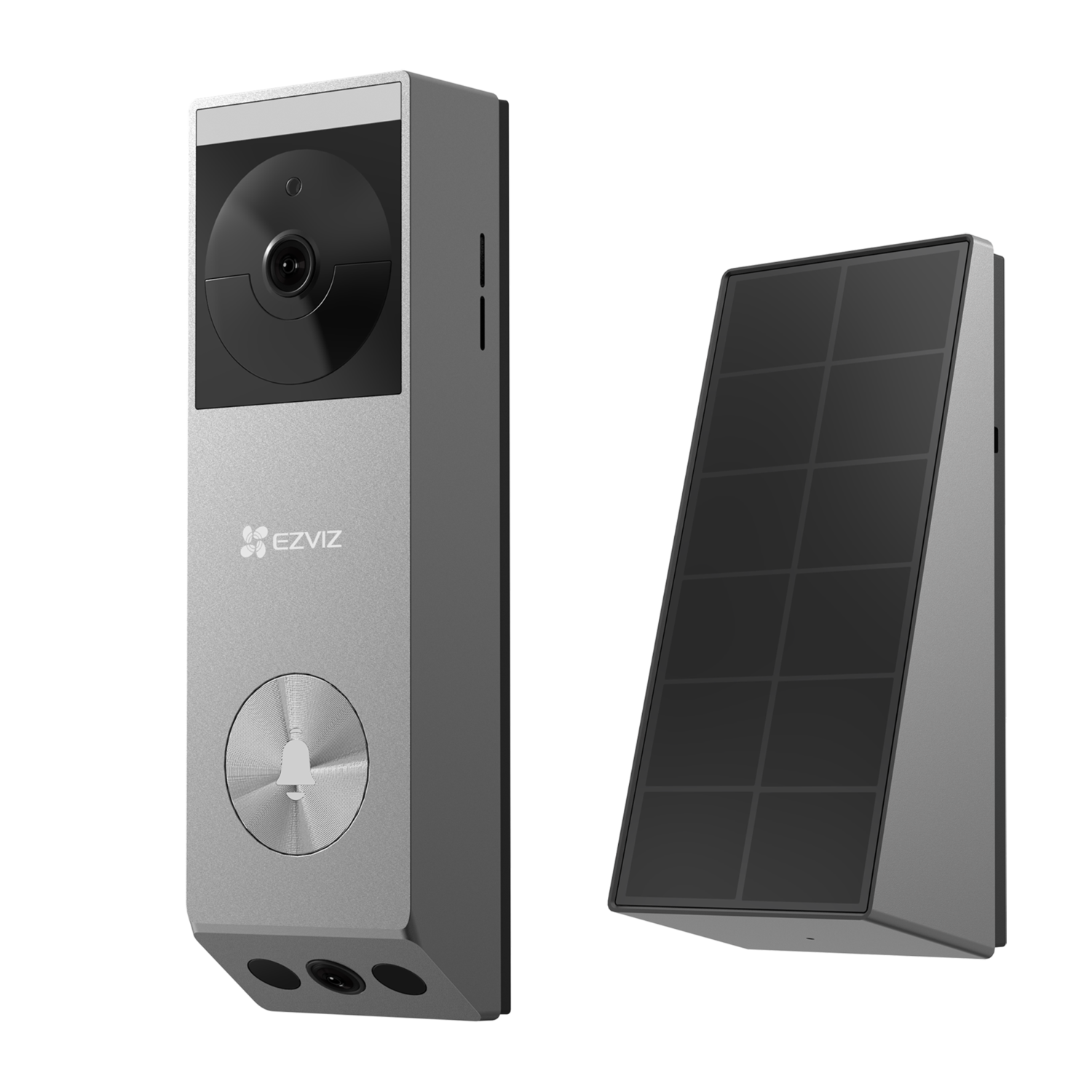 A silver smart doorbell next to a black solar panel, both on a dark surface.