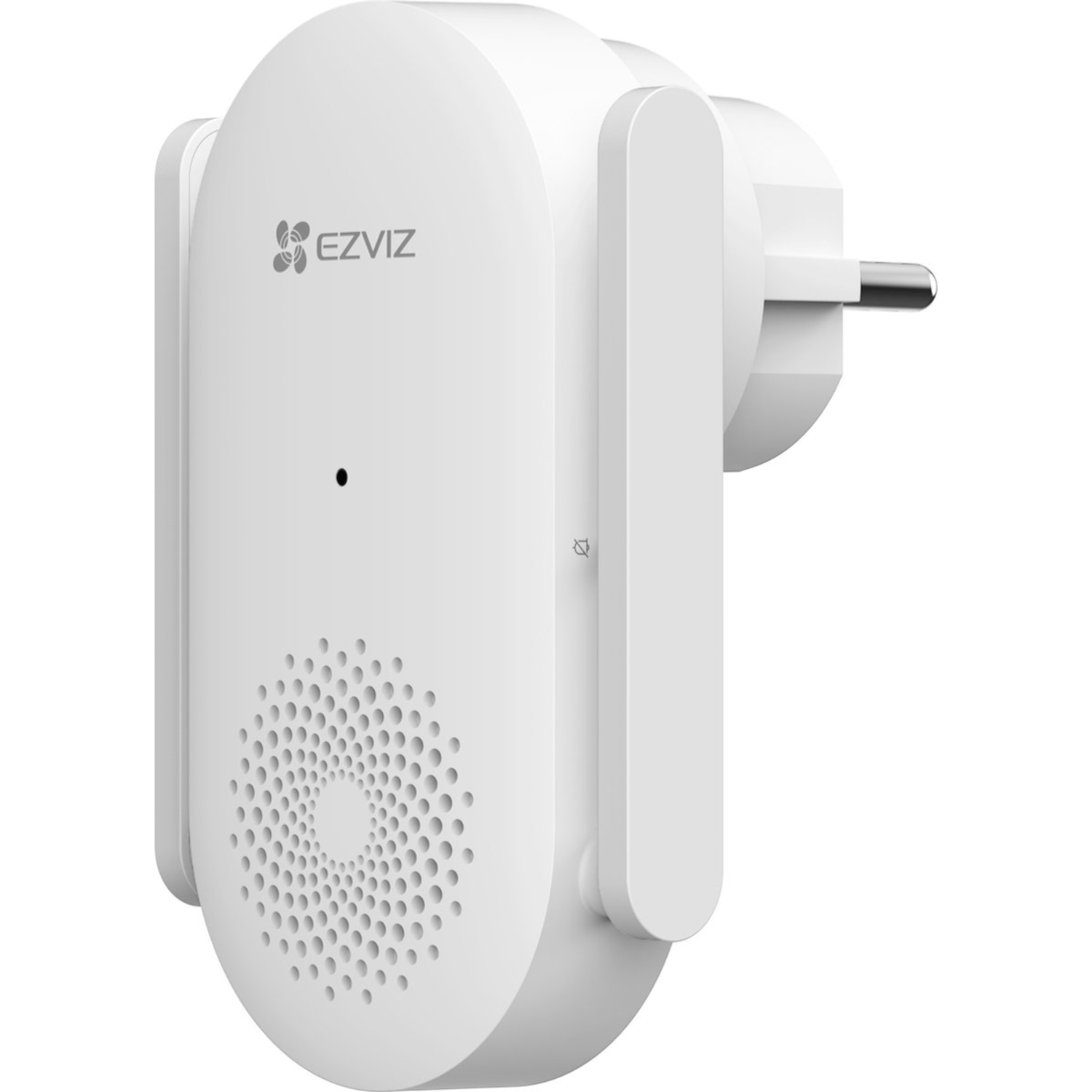 A white EZVIZ device with a plug, with a round speaker and a small dot, with a logo.