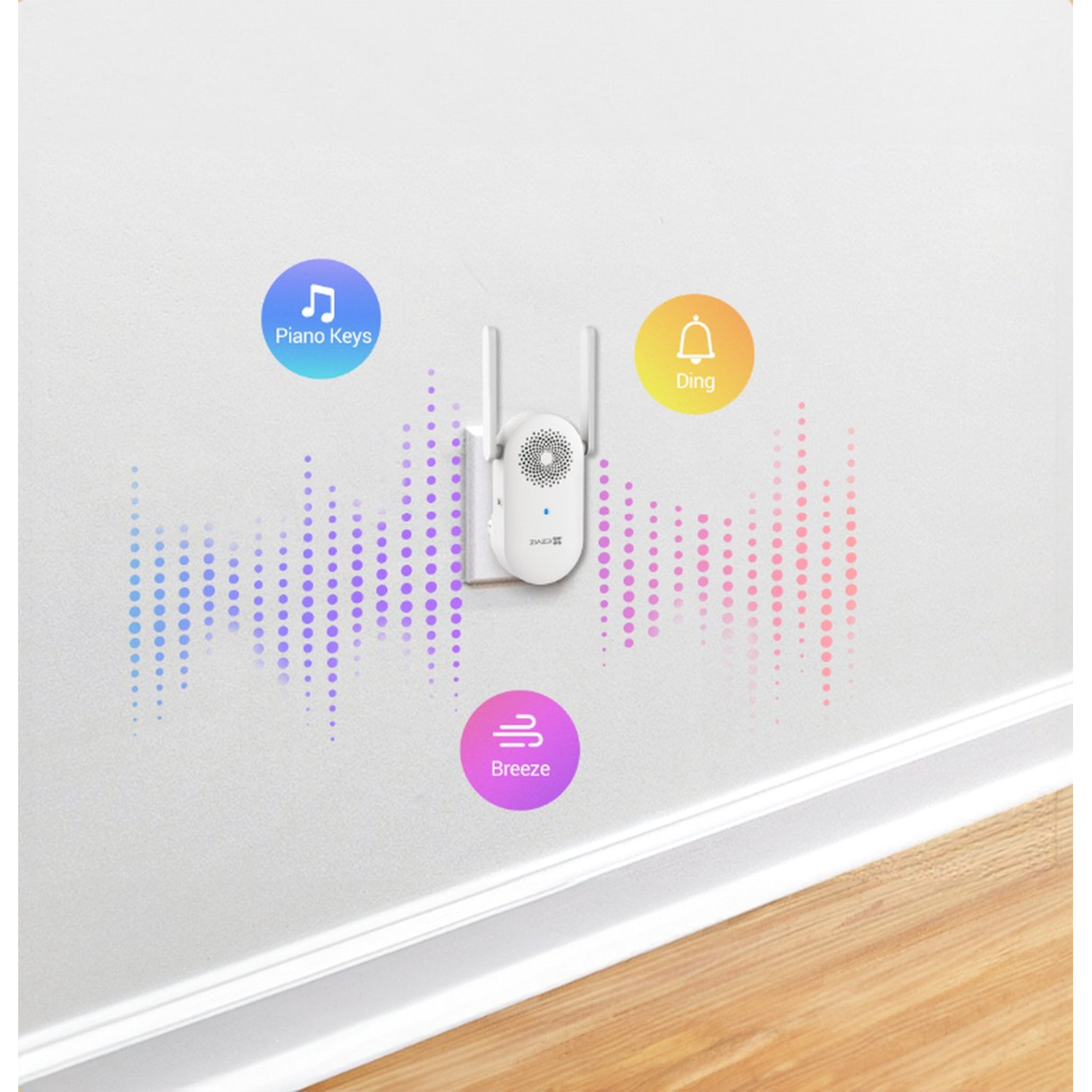 White wall-mounted device with antennas, and sound waves graphics with text like 'Piano Keys'.