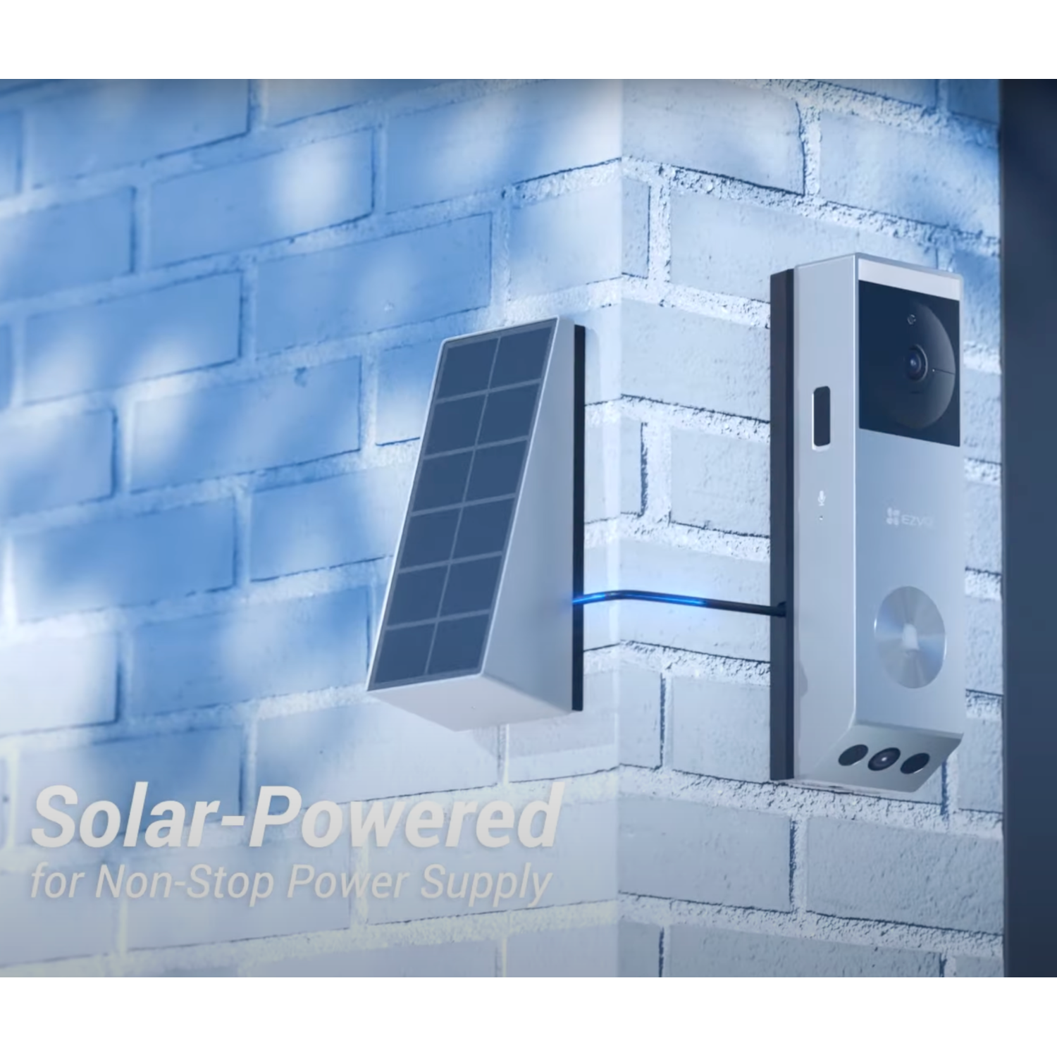 Solar panel and a silver doorbell on a brick wall, with text: Solar-Powered.