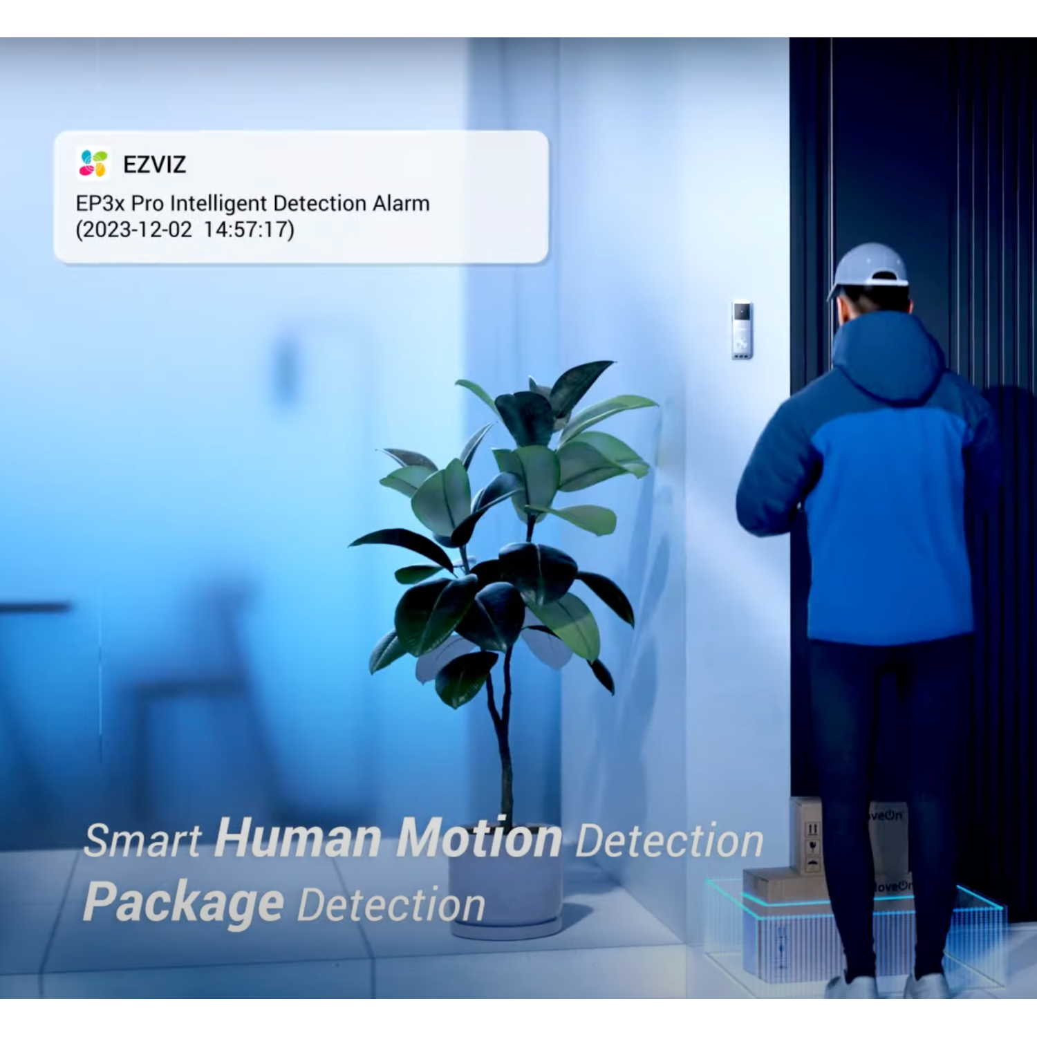 Man in blue approaches a door with a box, plant and an alert.