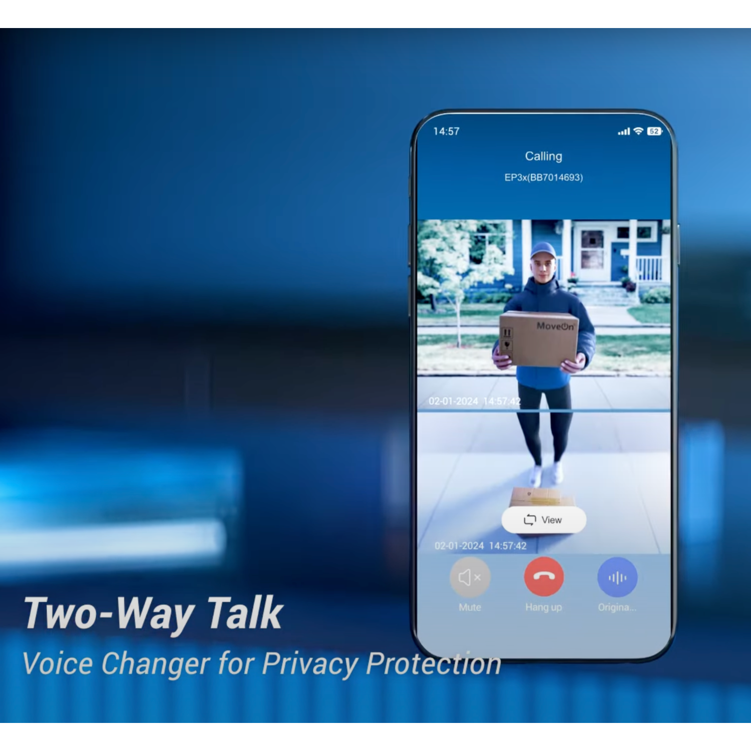 Phone screen displaying video call with a delivery person.