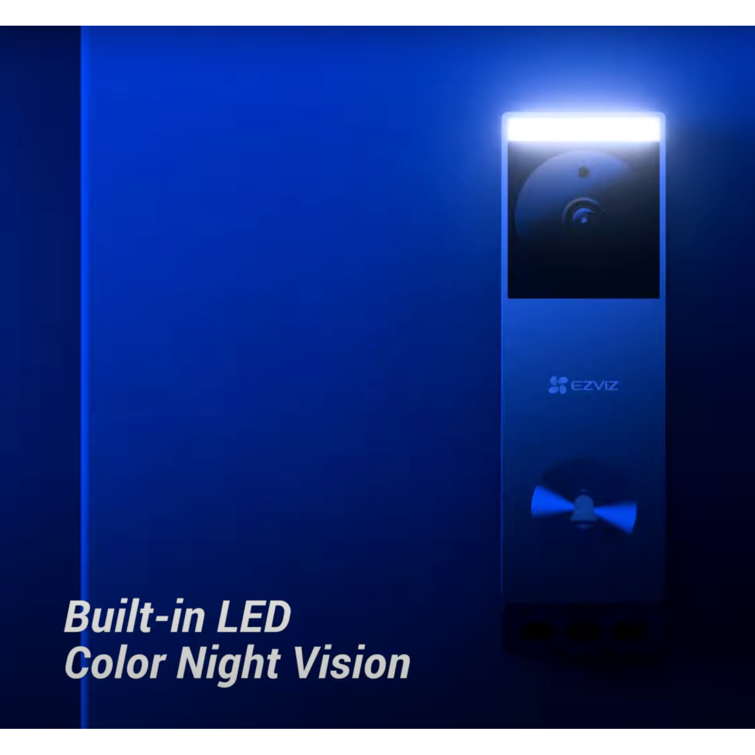 Doorbell with a camera, in a dark setting with blue lighting. Text Built-in LED.