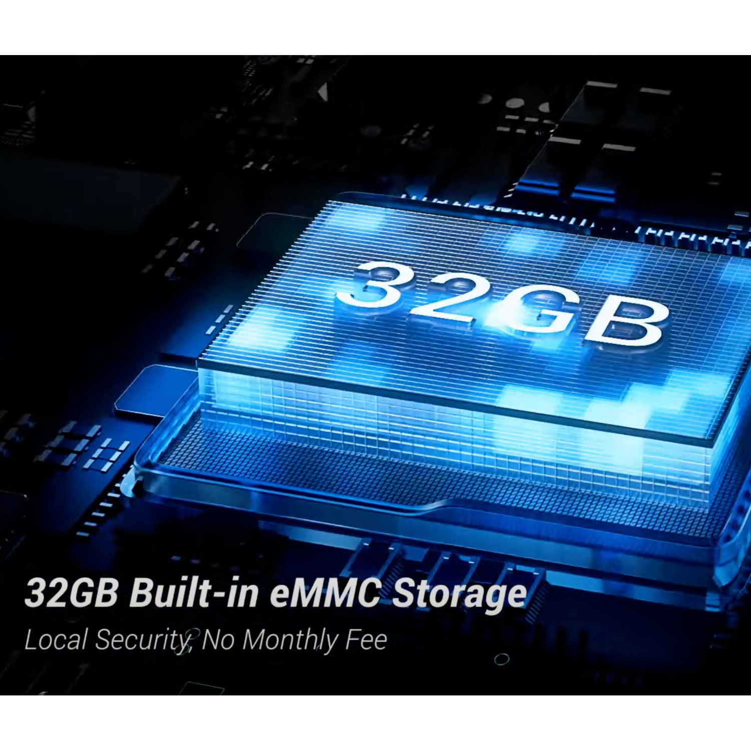 A blue electronic component with a 32GB label. Text: 32GB Built-in eMMC Storage. White background.