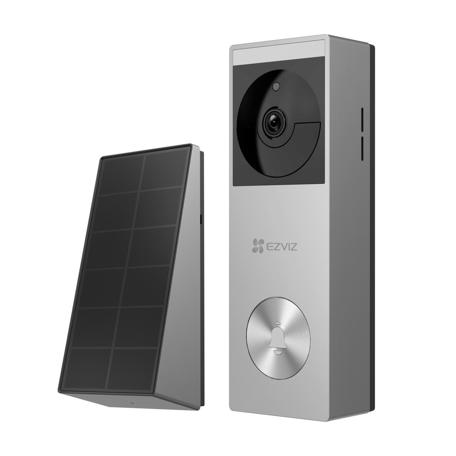 Zilveren EZVIZ deurbel met een camera en een apart zonnepaneel.