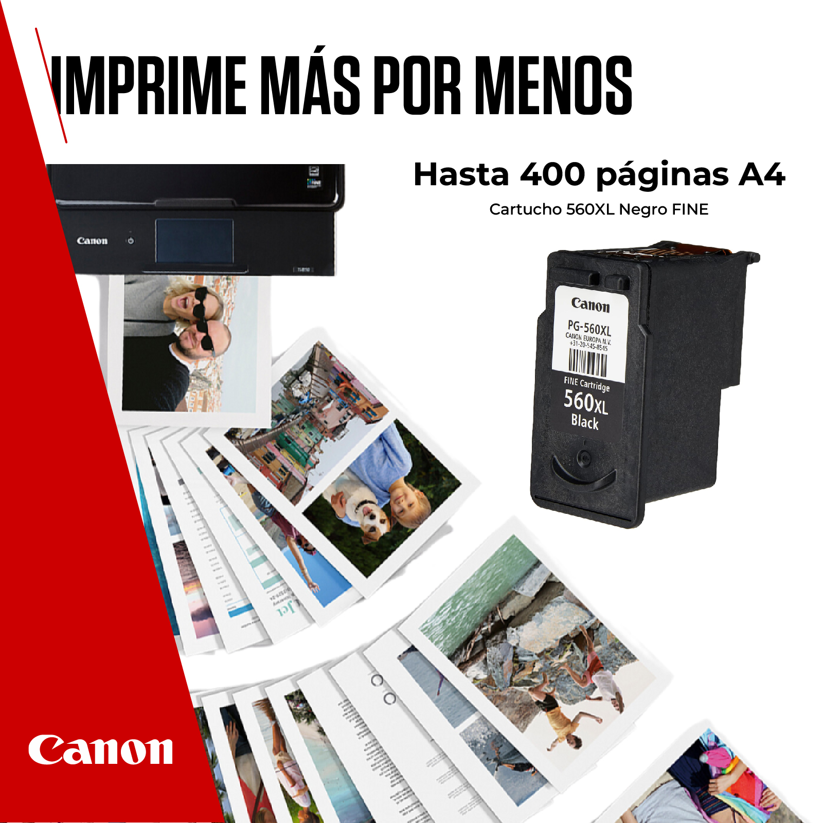 Un anuncio con una impresora, fotos impresas y un cartucho.