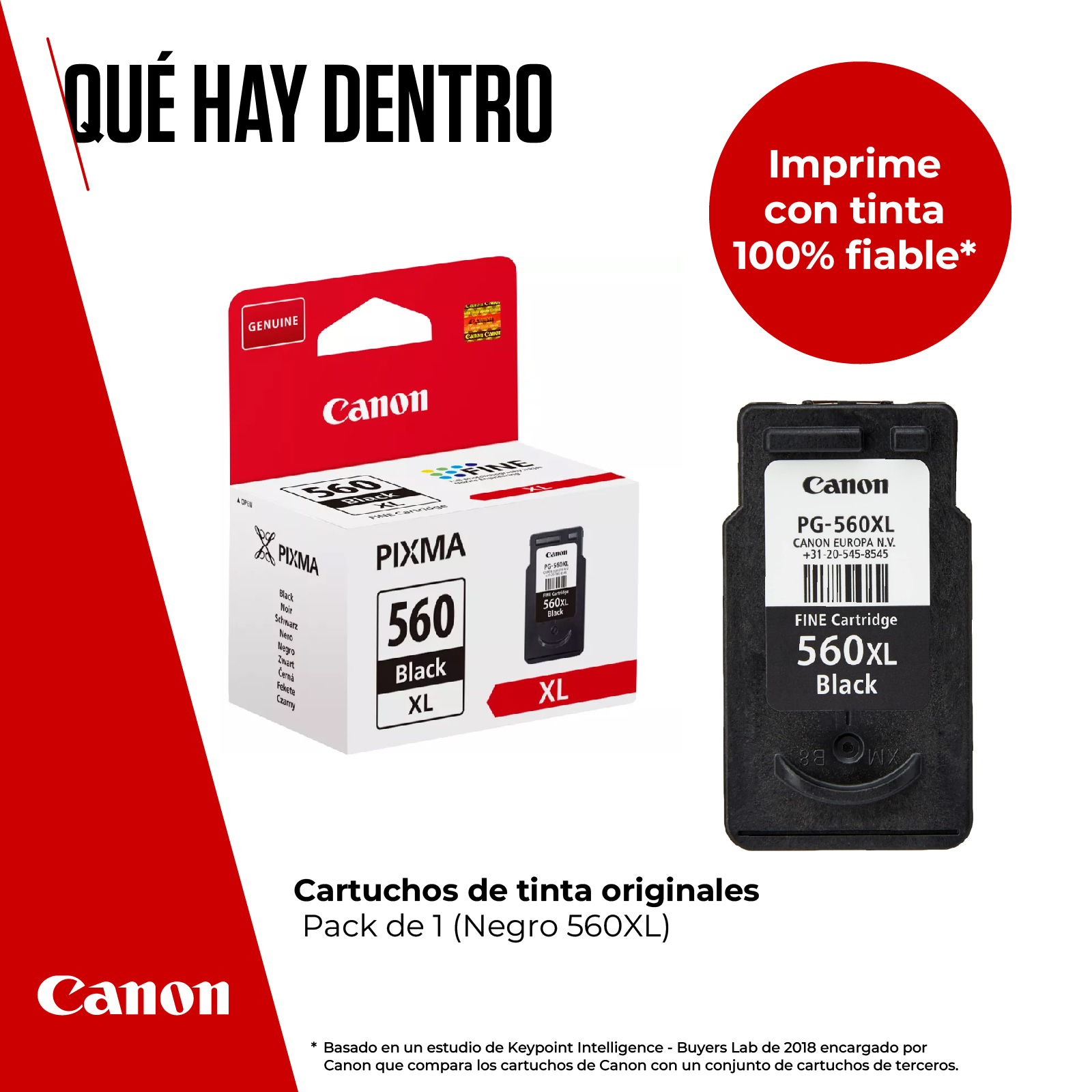 Una caja de cartuchos de tinta Canon y un solo cartucho están sobre una superficie blanca con texto.