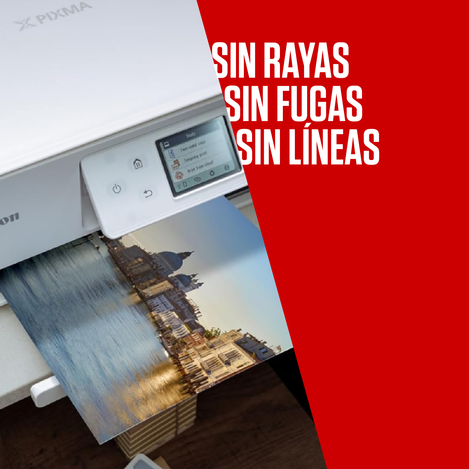 Una impresora blanca imprimiendo una imagen. Texto dice 'SIN RAYAS SIN FUGAS SIN LINEAS' sobre fondo rojo.