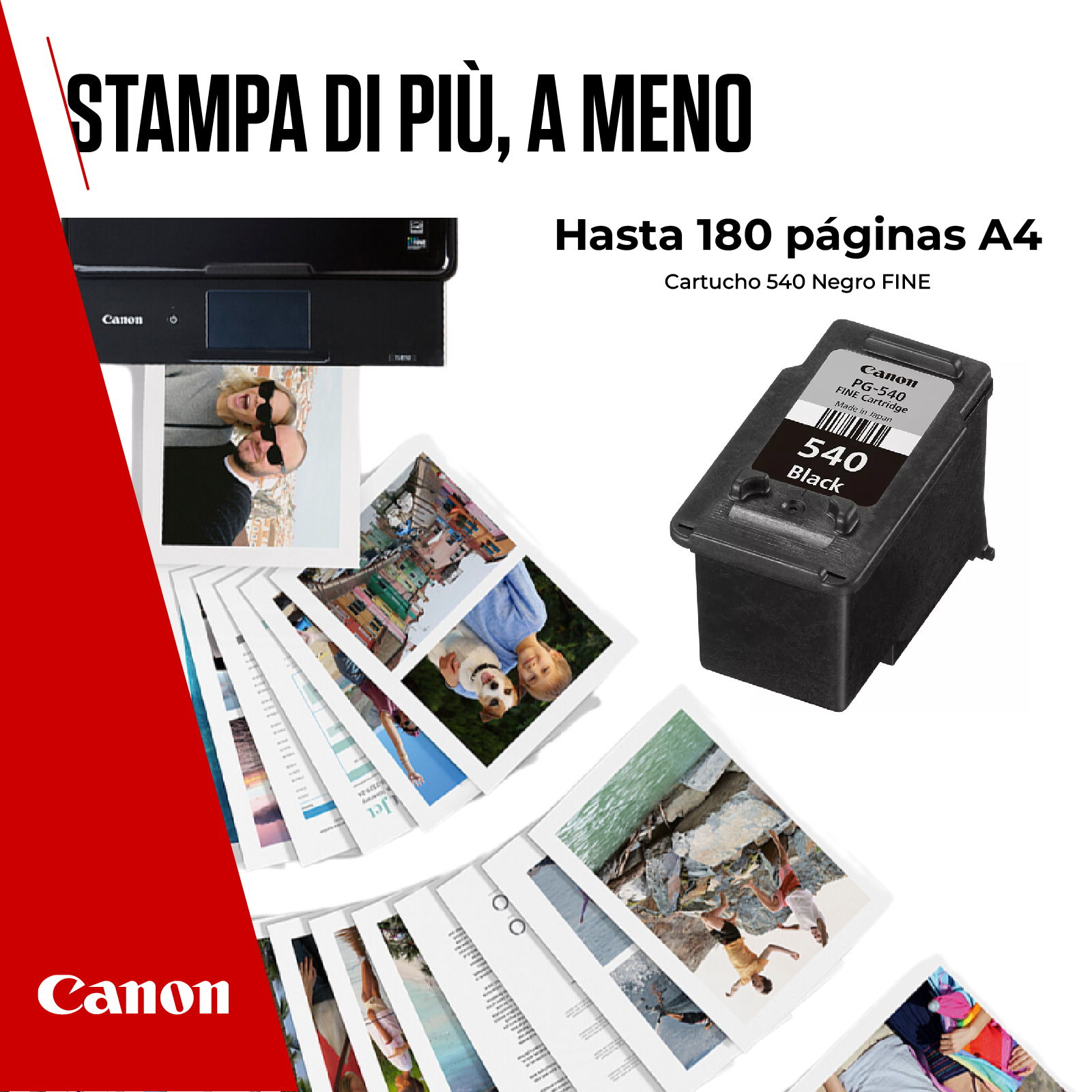 Anuncio de impresora Canon con imágenes y un cartucho de tinta negro.