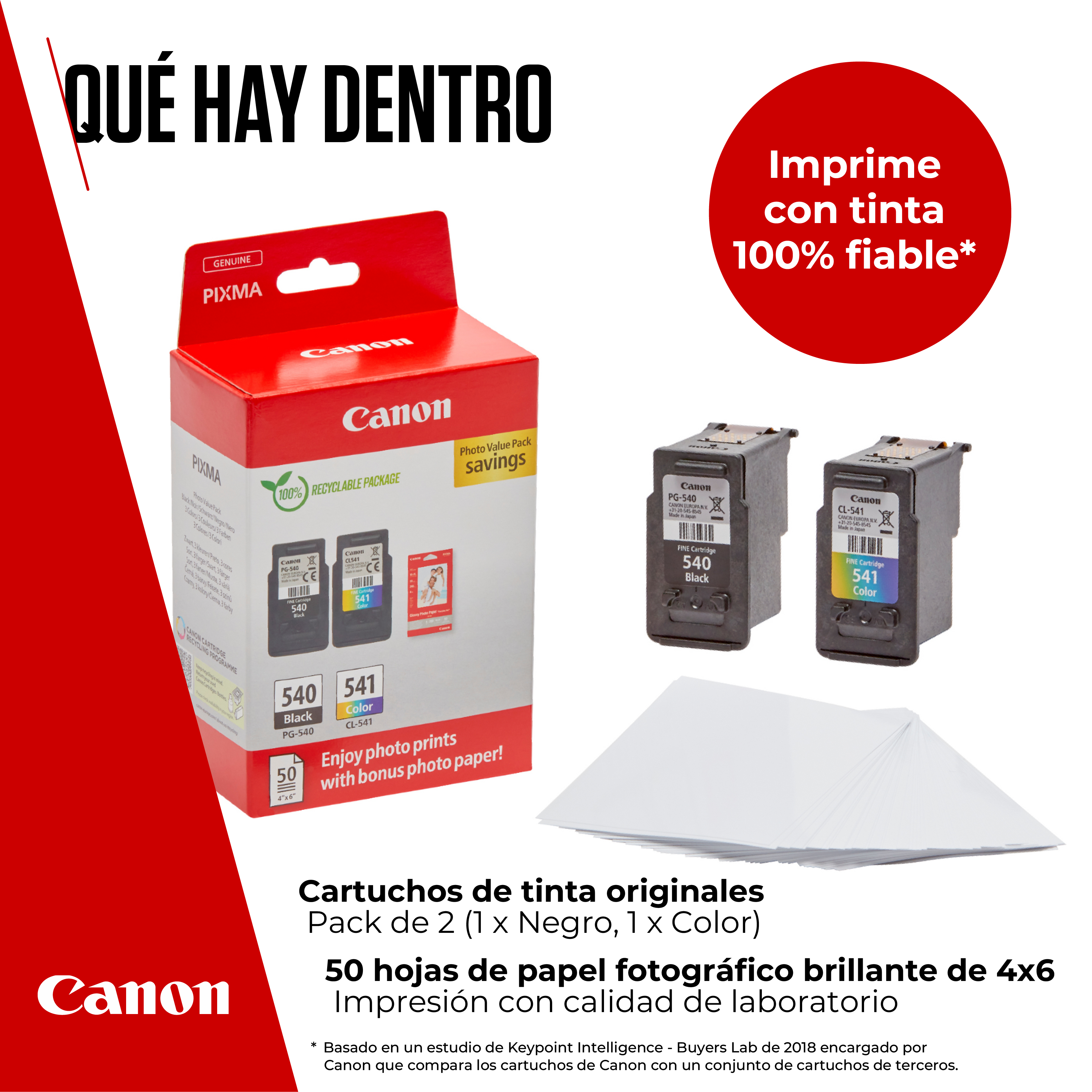 Cartuchos de impresora Canon con papel fotográfico adicional, en caja.