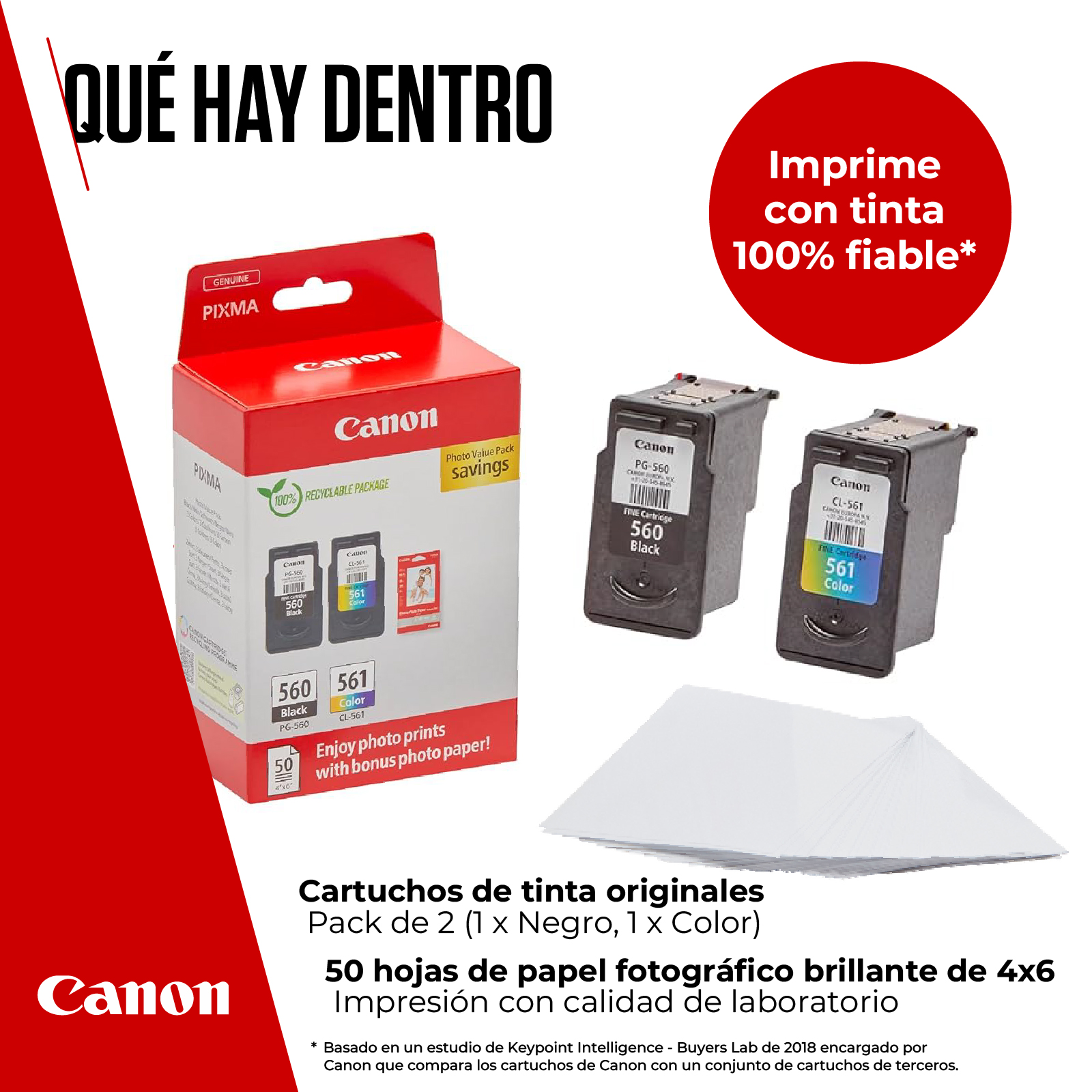 Paquete de cartuchos de tinta y papel fotográfico Canon. Incluye cartuchos y una pila de papel.