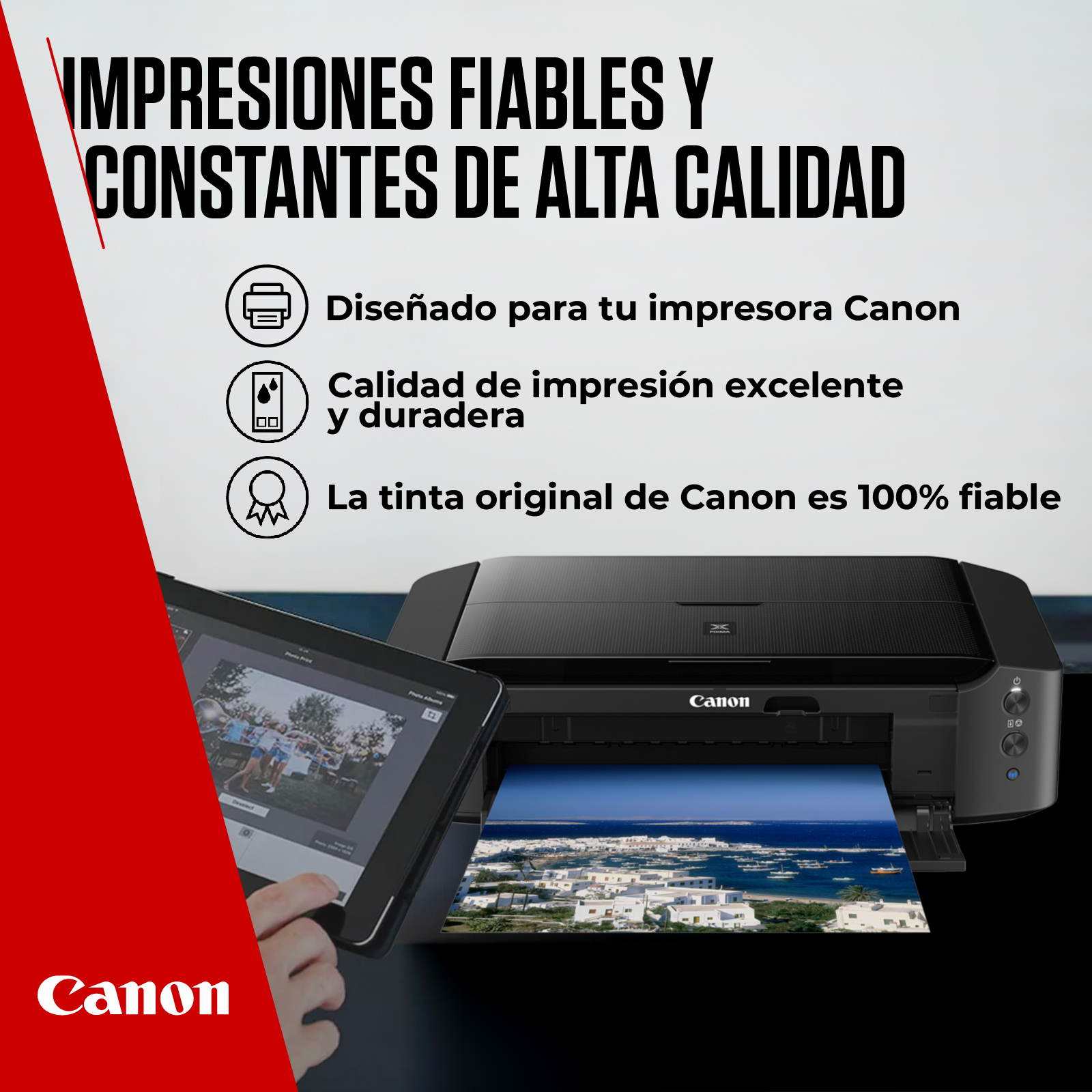 Una impresora muestra una imagen impresa. Una tableta muestra una imagen. Una mano señala a la pantalla. Logotipo de Canon visible.