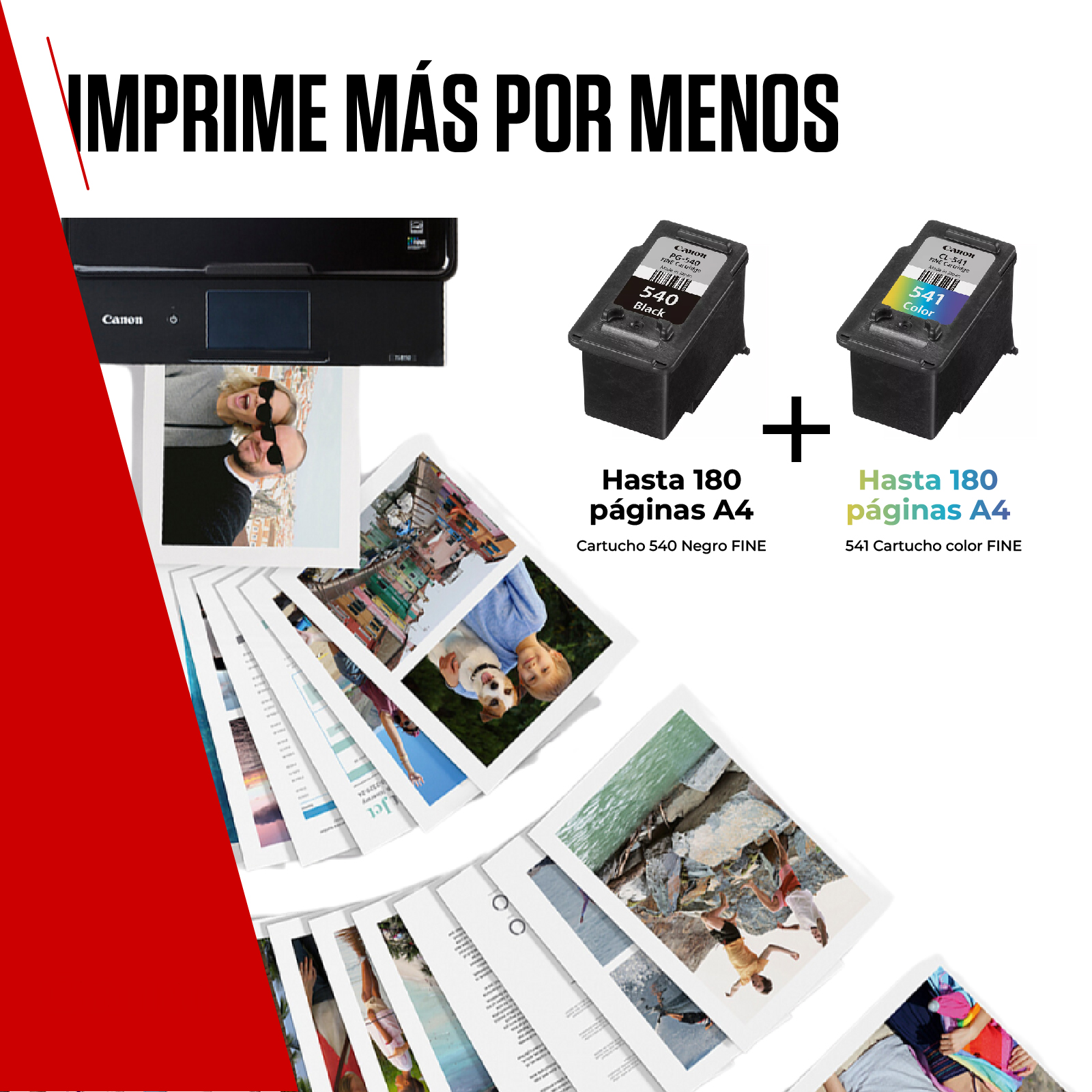 Una impresora, dos cartuchos de tinta y fotos impresas, sobre un fondo blanco.