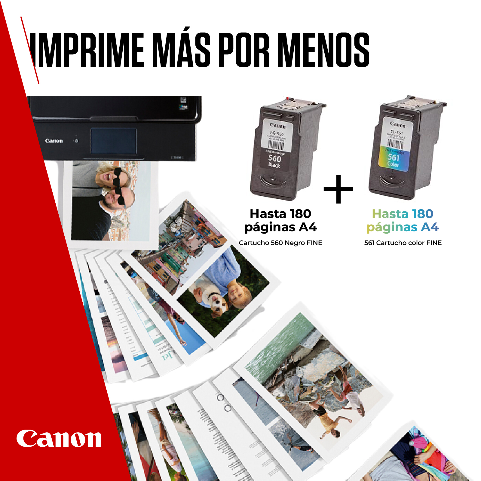 Impresora Canon con cartuchos y copias. Texto: 'Imprime más por menos'. Imágenes de personas y un perro.