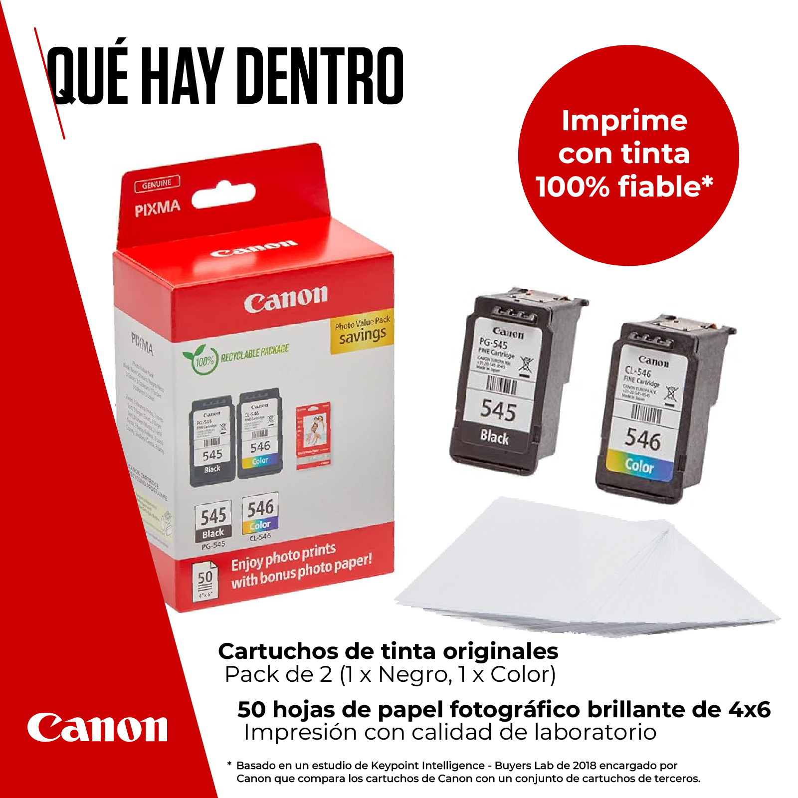 Cartuchos de tinta Canon en una caja con papel y texto. Colores rojo, negro y amarillo.