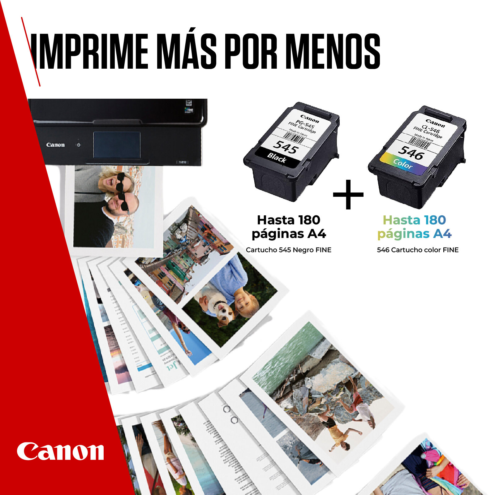 Impresora Canon con cartuchos de tinta y fotos impresas. Texto: 'Imprime Más Por Menos'.