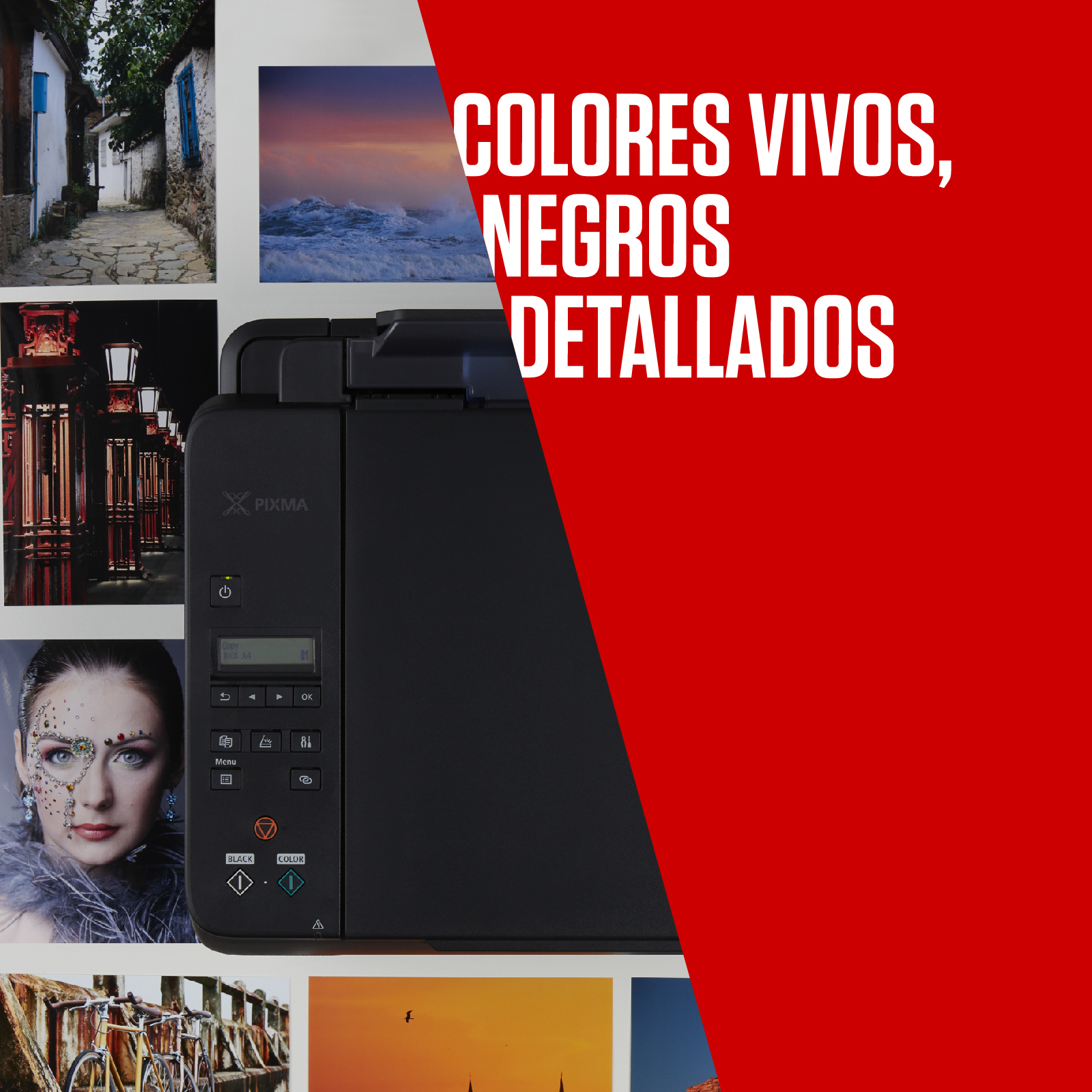 Una impresora negra con fondo rojo. Se muestran múltiples imágenes de varias escenas.