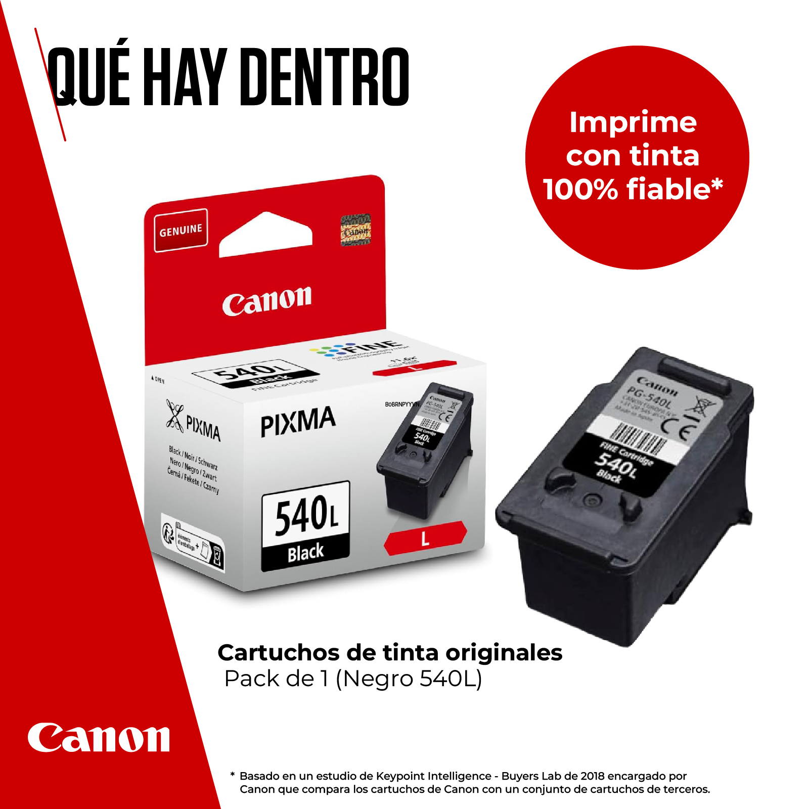 Un cartucho de tinta Canon con una caja y un cartucho.