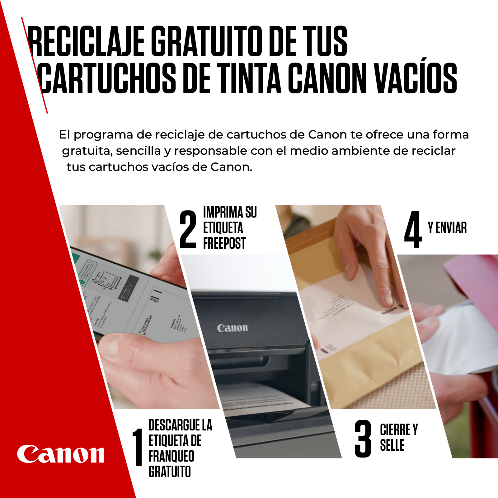 Pasos para reciclar cartuchos de tinta Canon. Muestra pasos con smartphone, impresora y sobre.