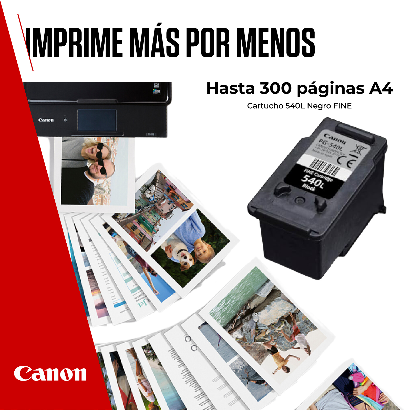 Cartucho de impresora Canon y copias impresas. El cartucho es negro y hay fotos impresas.