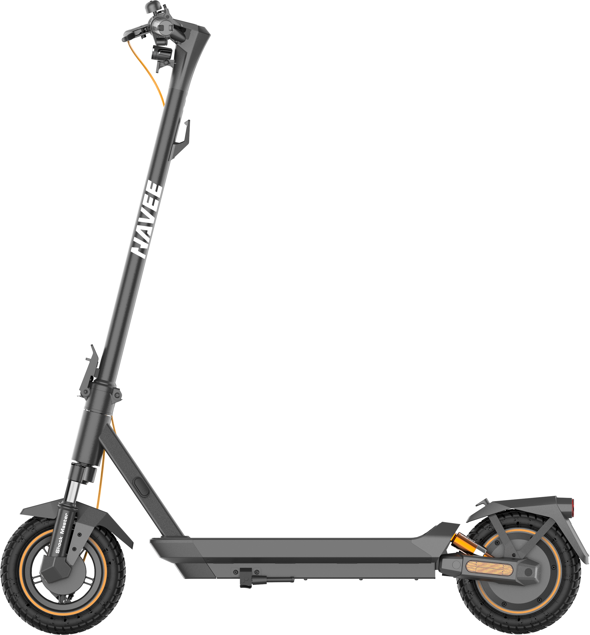 Fekete-szürke elektromos roller narancssárga díszítéssel, oldalnézetből.