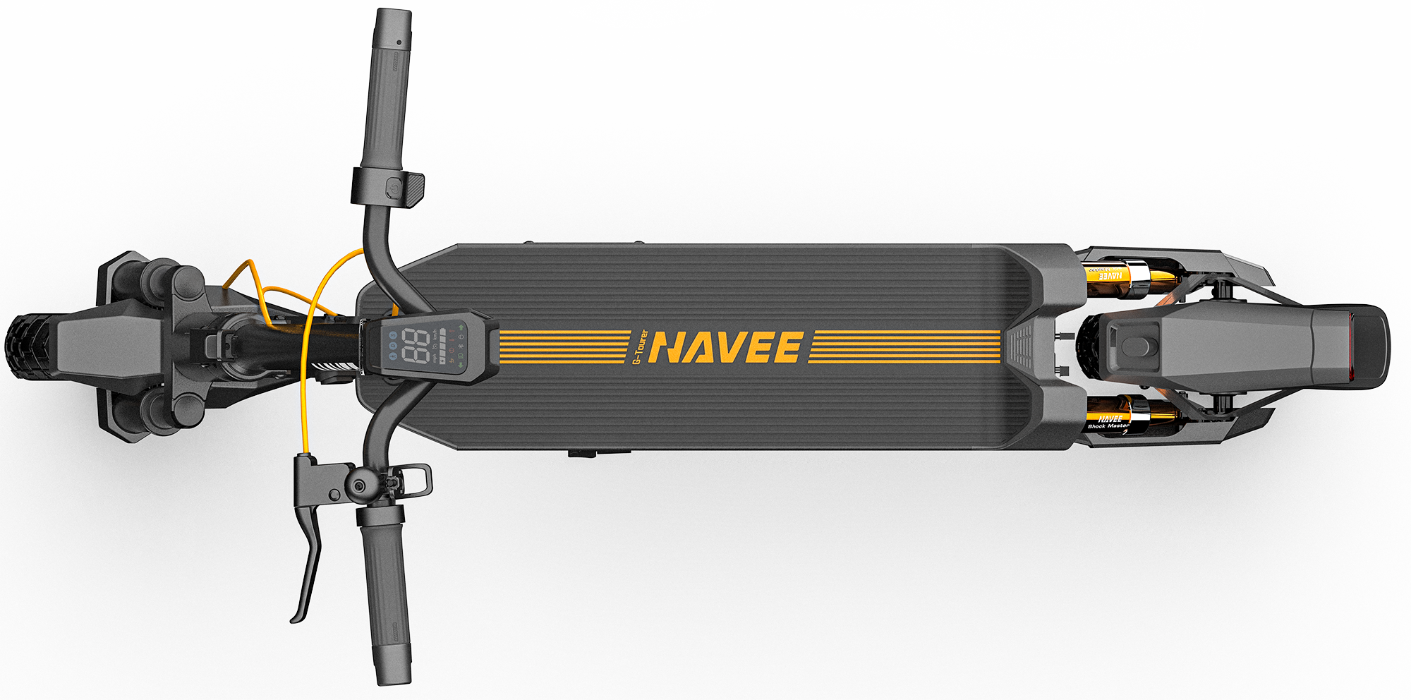 Fekete-szürke elektromos roller felülnézete narancssárga díszítéssel, rajta a 'NAVEE' felirattal.