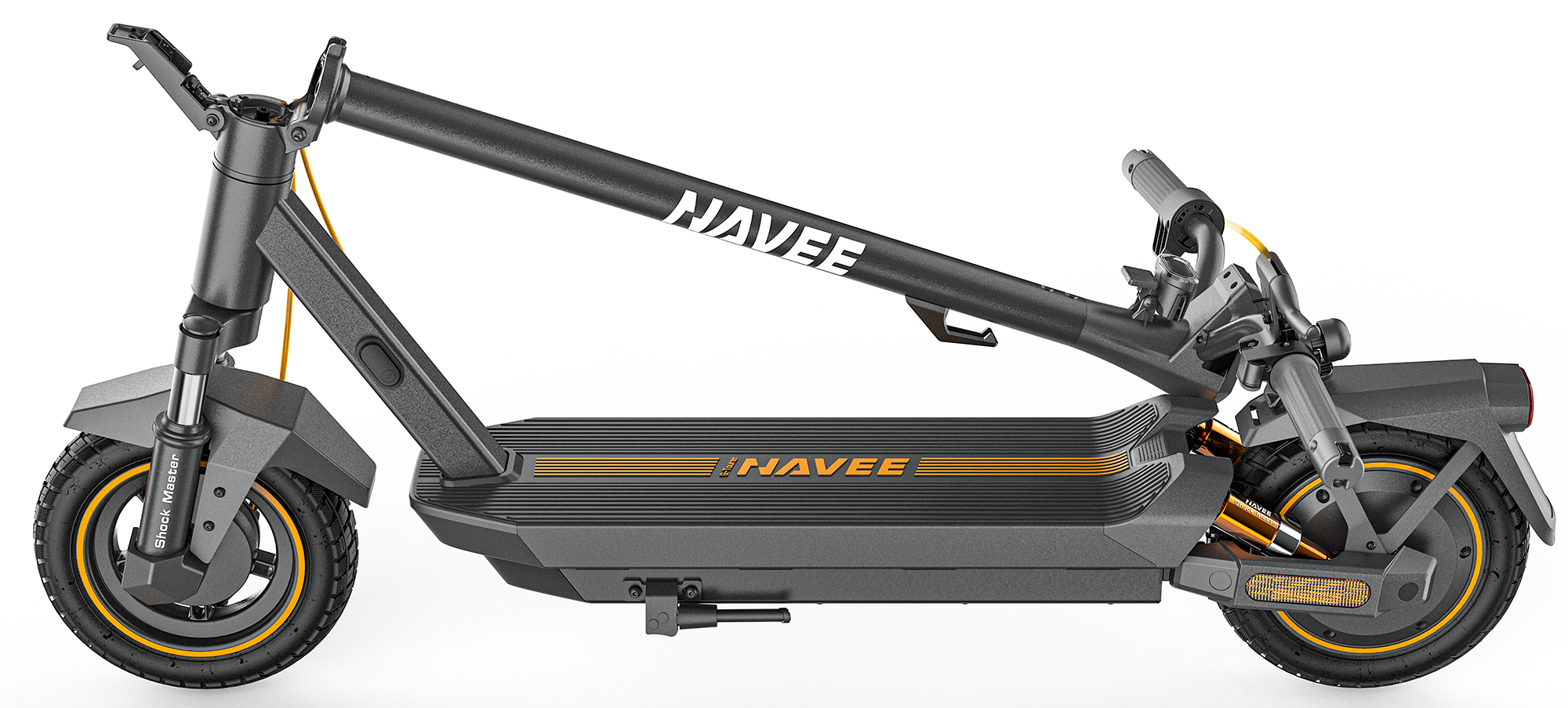 Összecsukott elektromos roller, fekete narancssárga elemekkel, a Navee márkanévvel.