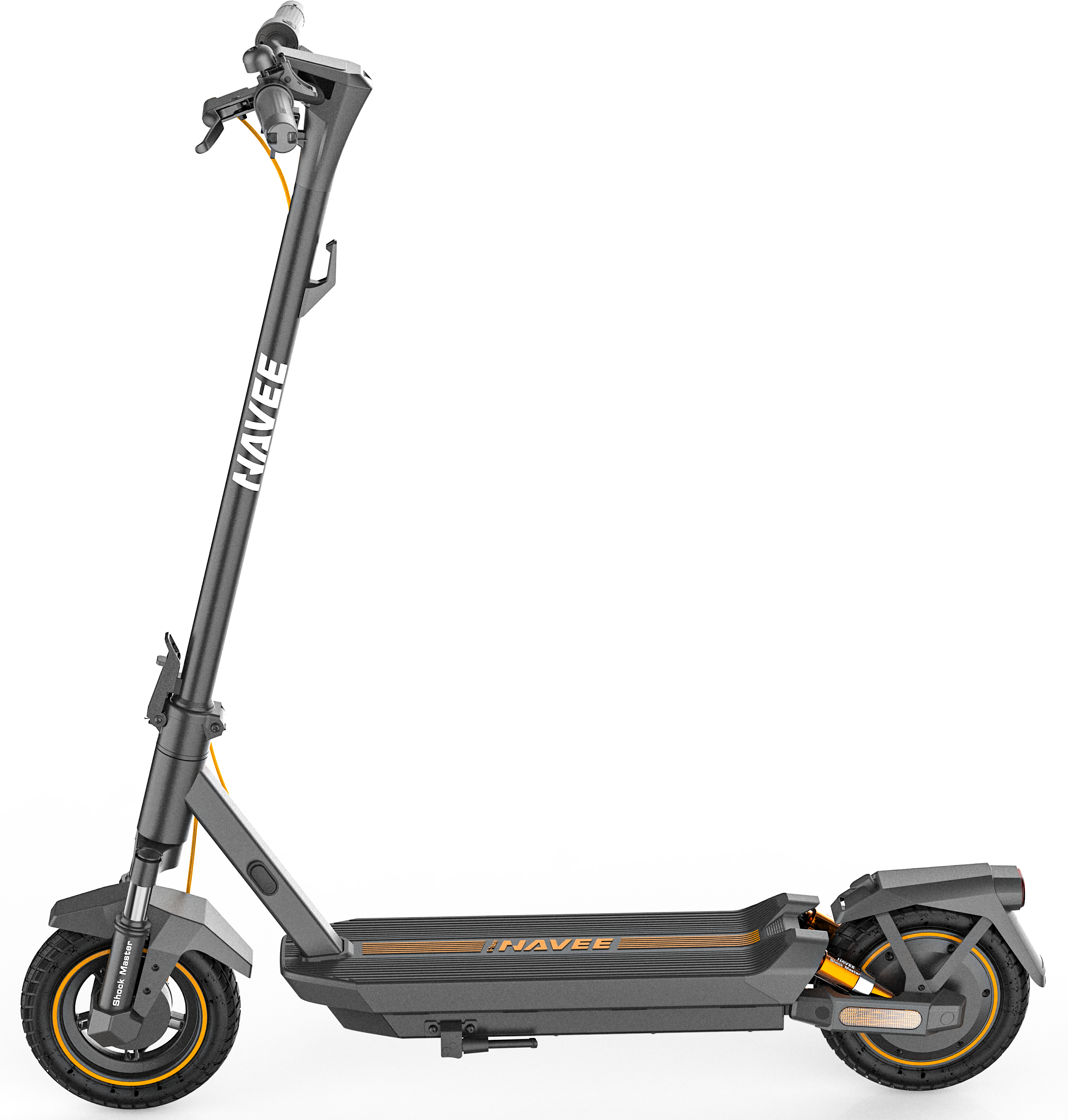 Szürke és fekete elektromos roller narancssárga díszítéssel, oldalnézet.