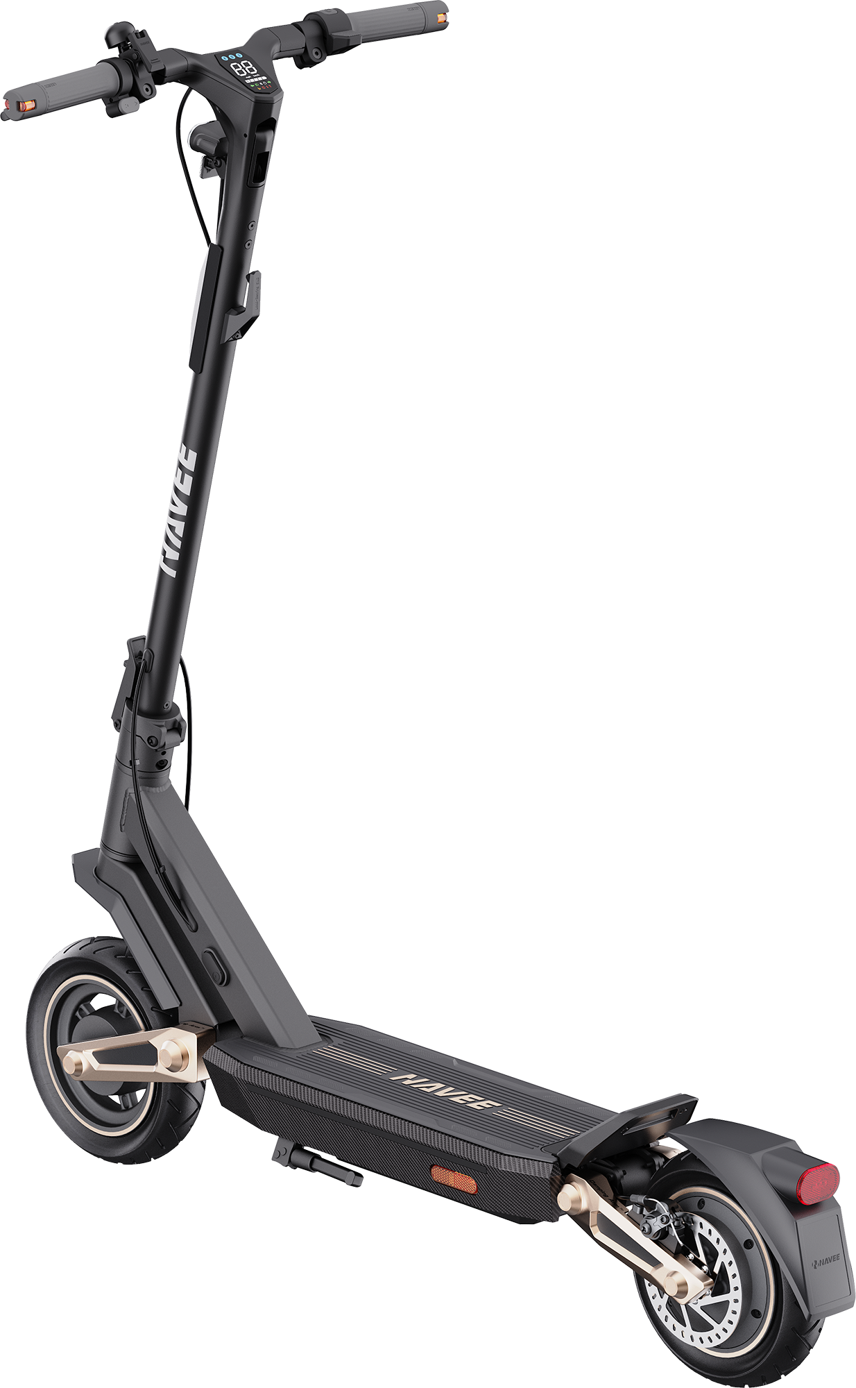 Fekete elektromos roller fekete háttéren. Arany díszítések.