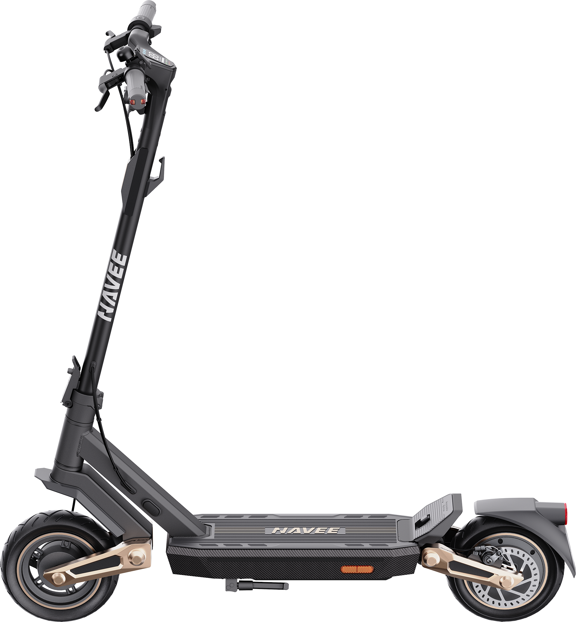 Fekete-arany Navee elektromos robogó, oldalsó nézet. Fekete háttér.