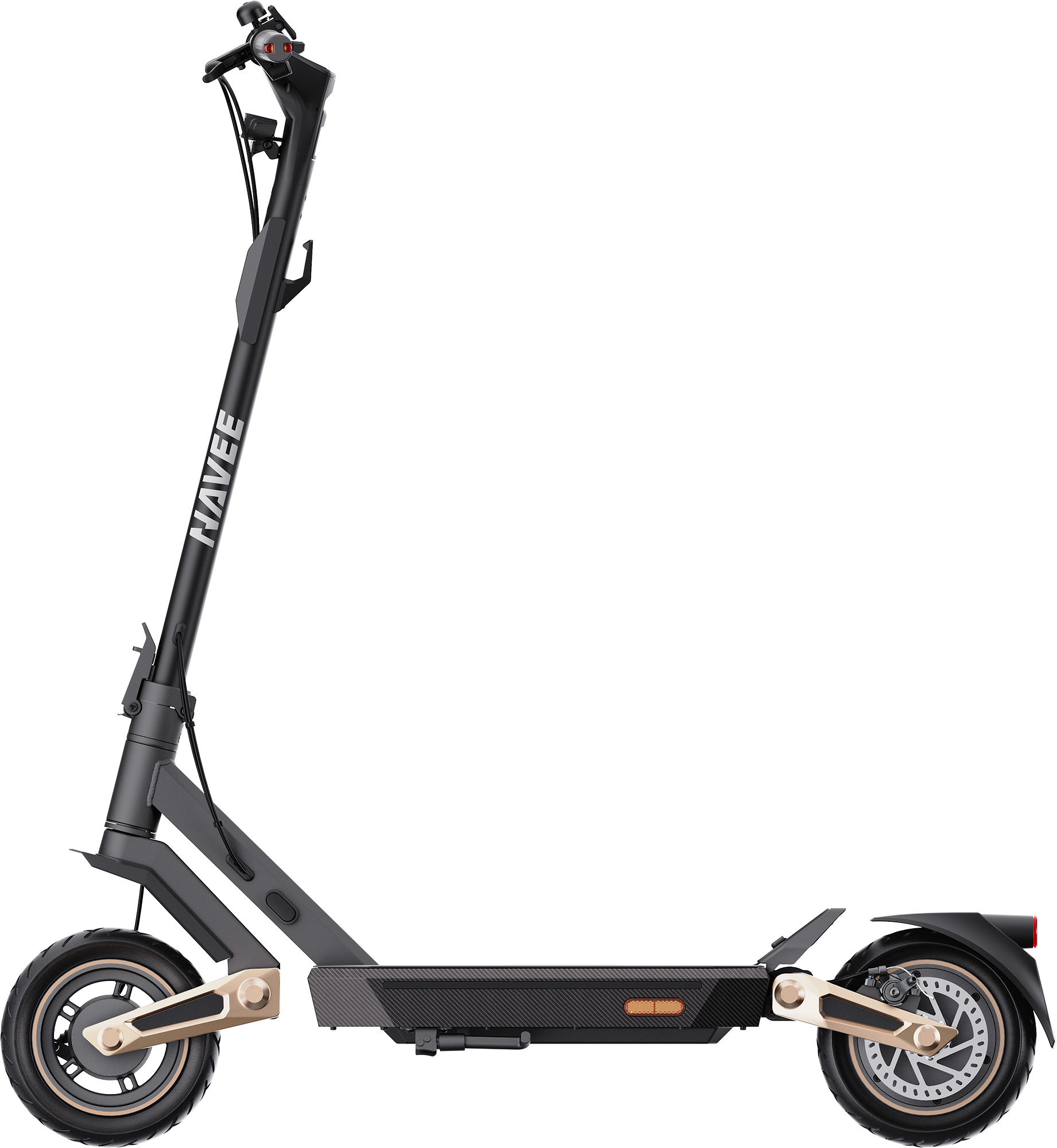 Fekete elektromos roller arany részletekkel sötét háttér előtt.