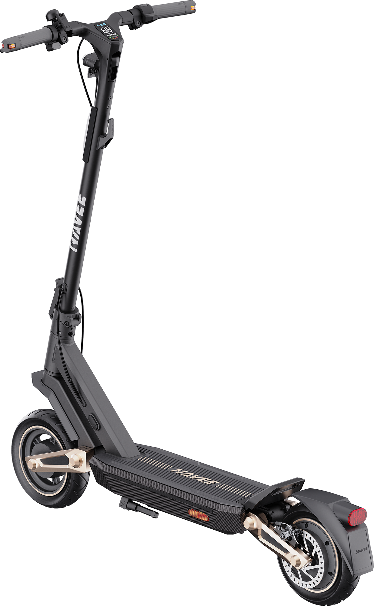 Fekete elektromos roller. A deszkán arany díszítések vannak. A kormány fekete. A háttér sima.