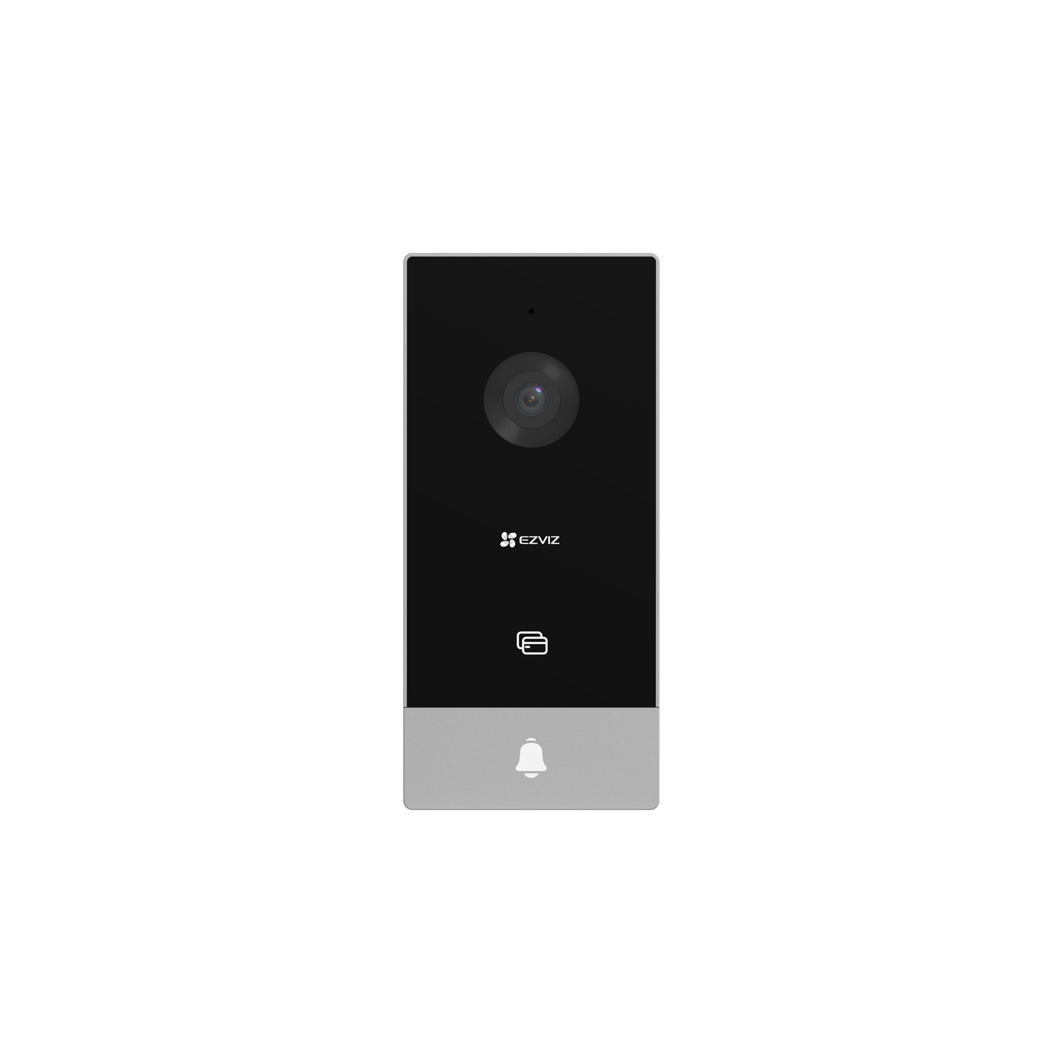 Black and silver EZVIZ video doorbell. It has a camera, logo, and bell button.
