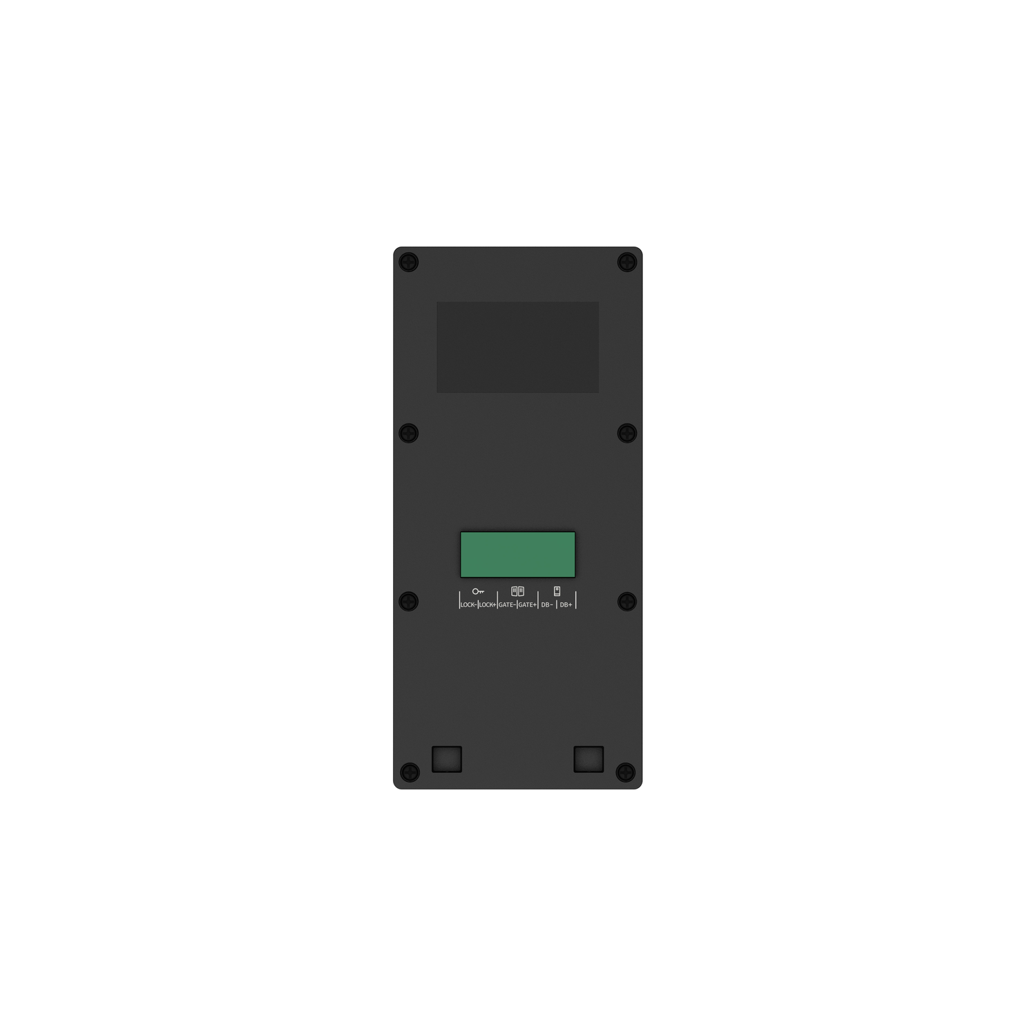 Black electronic device with a green screen and buttons on it.