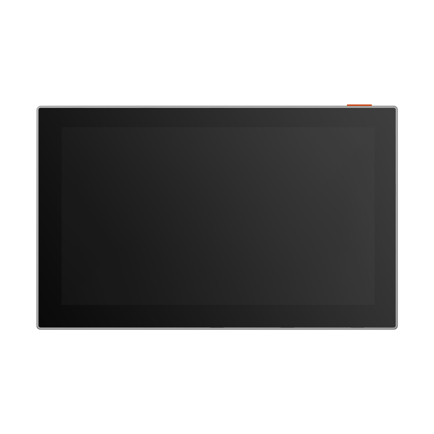 A black tablet with a black screen. A thin, silver border and a small orange button are visible.