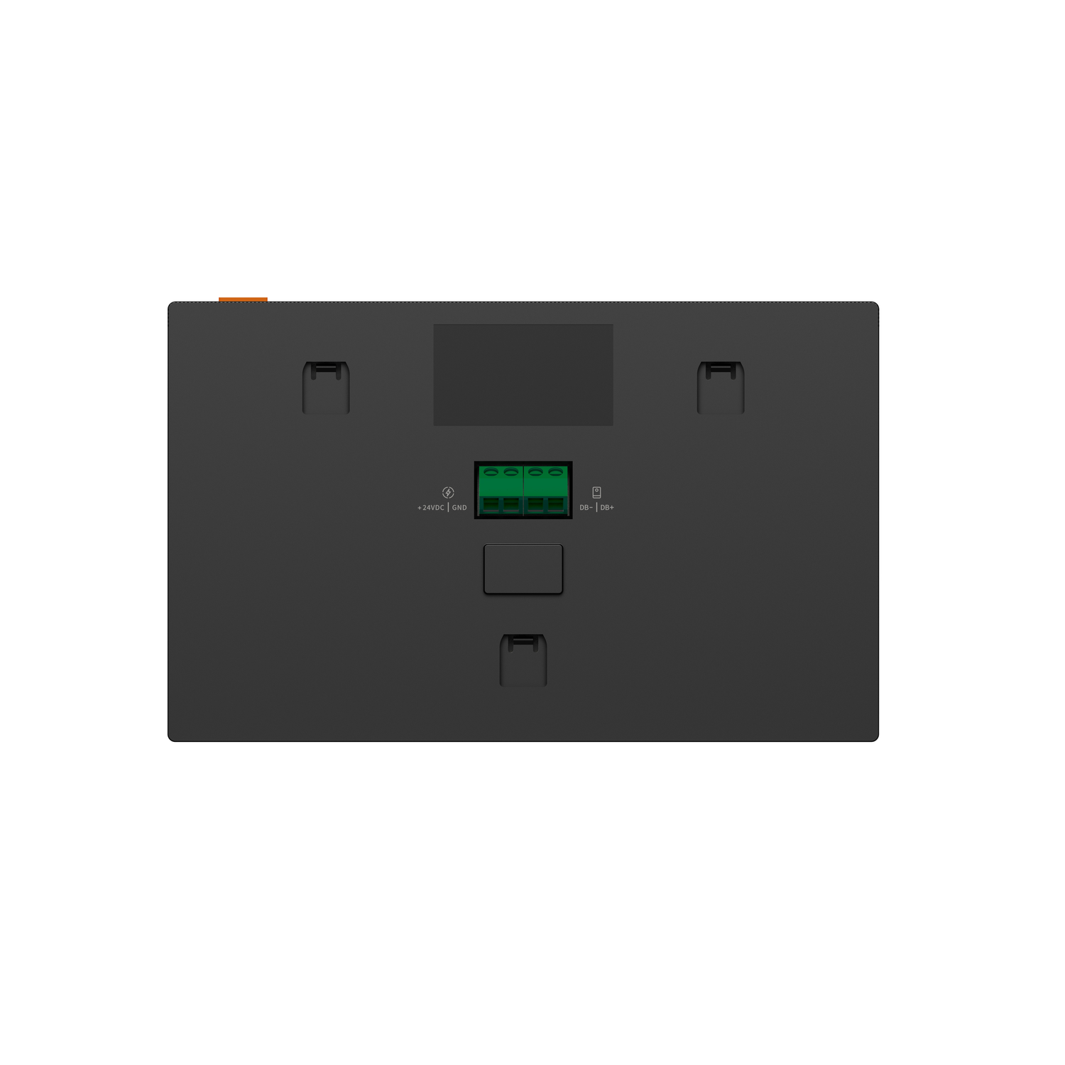 Black control panel with green terminals and orange connectors. White background.