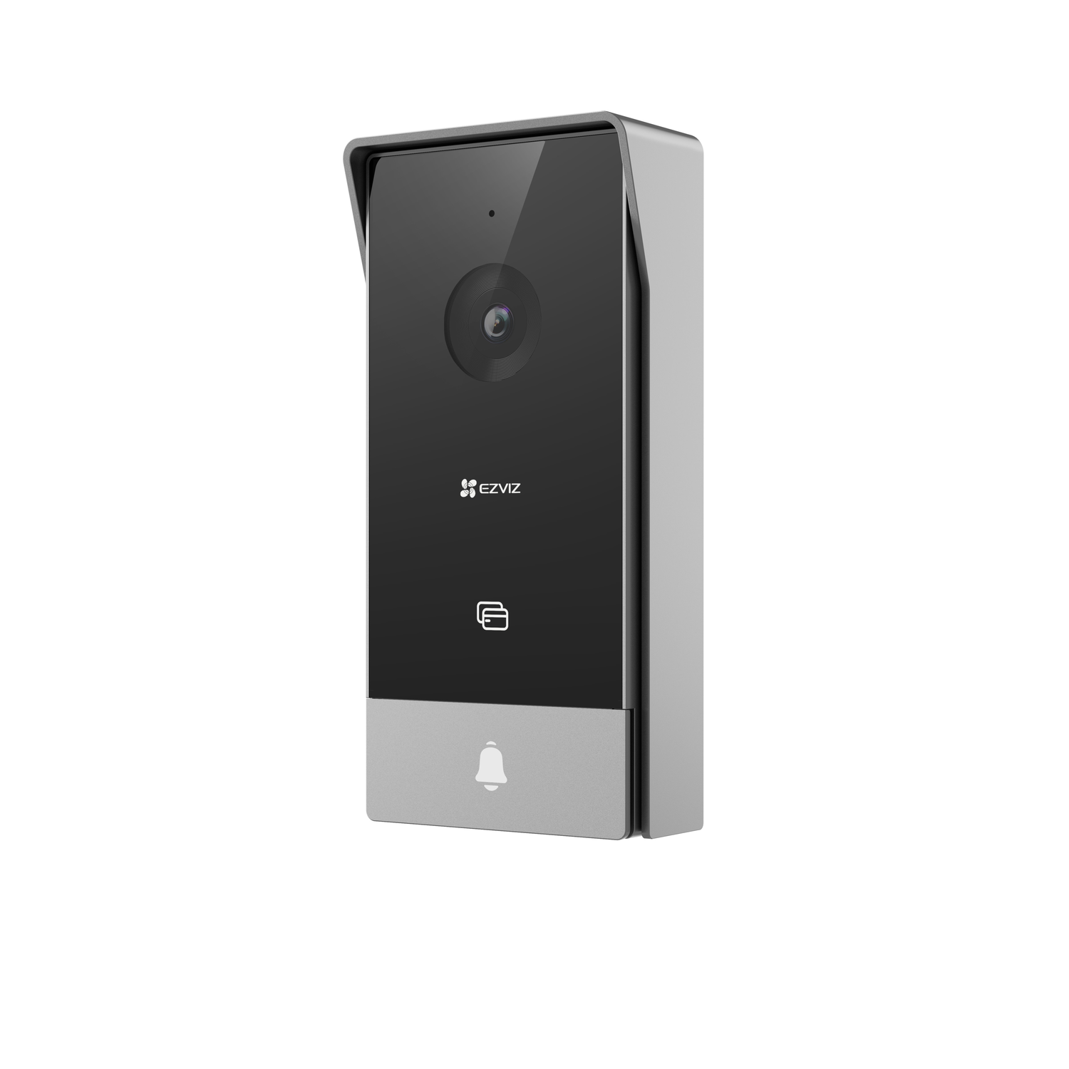 Black and silver smart doorbell with a camera and bell button.
