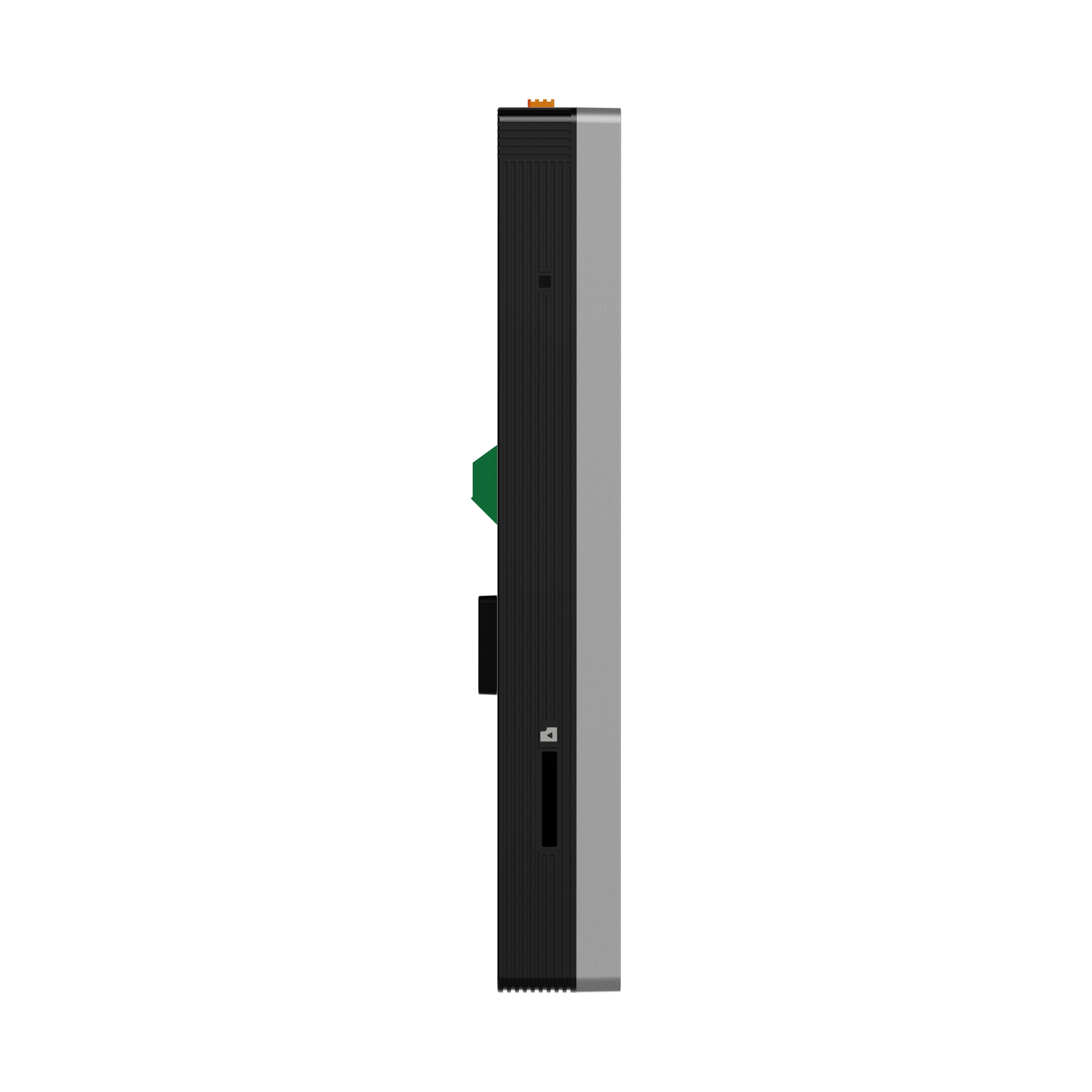 Side view of a black and silver device with a green button and a slot.